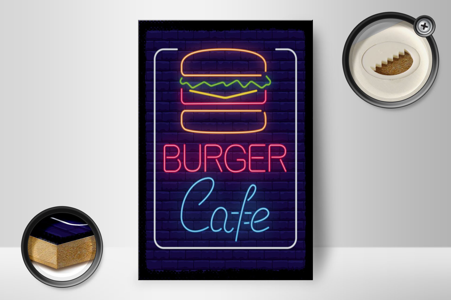 Femer GmbH Holzbild Hinweis 12x18 cm Burger Cafe Reklame, (1 St), Glatte Holzfaserplatte (MDF), vorn beschichtet