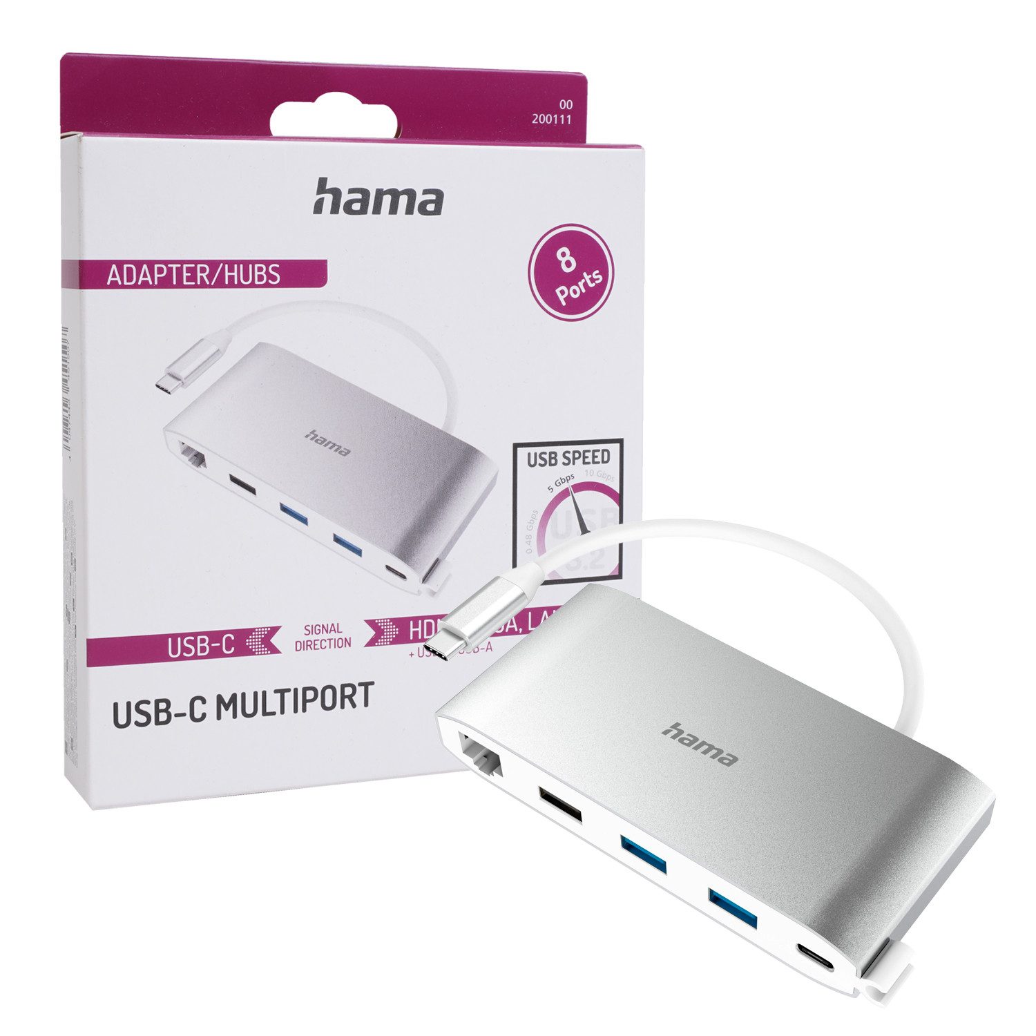 Hama USB-C 3.2 USB-Hub 8-Port USB-Adapter Multiport USB-Kabel, SuperSpeed USB 3.2 4K HDMI-Ausgang VGA USB-Verteiler LAN Monitor TV PC