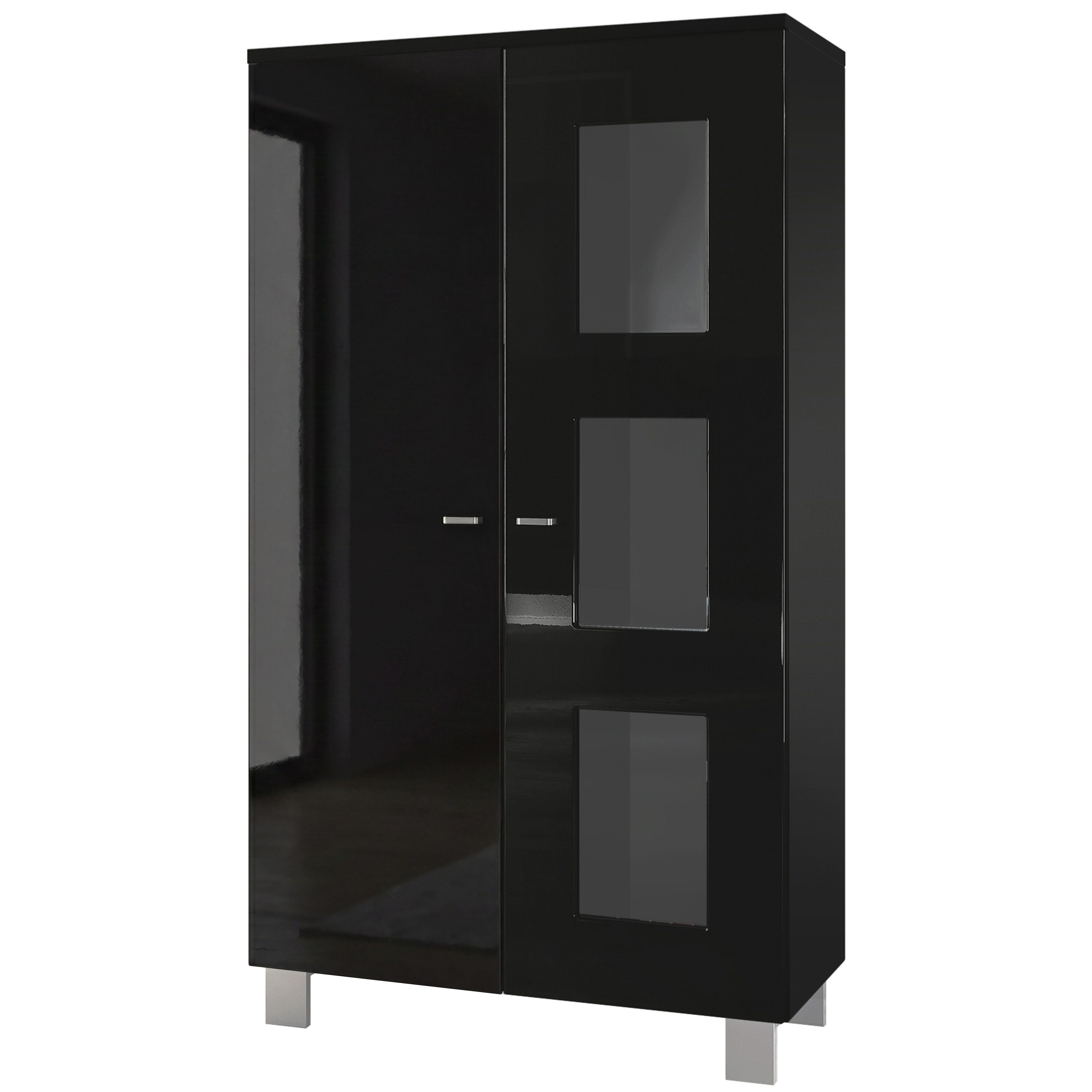 Vladon Standvitrine Denjo (Standvitrine, mit 2 Türen und 3 Glaseinsätzen) Schwarz matt/Schwarz Hochglanz (71 x 129 x 35 cm)
