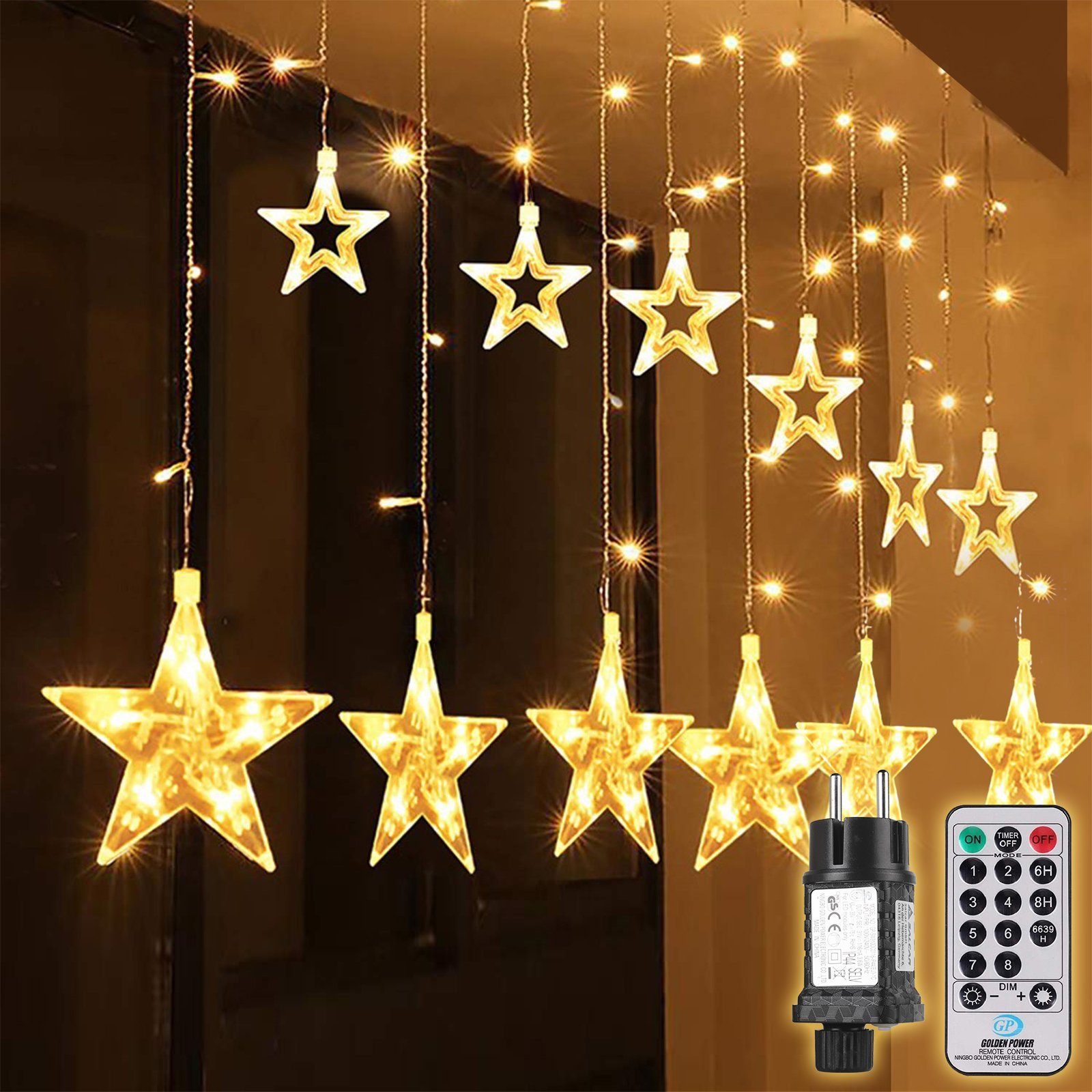 Salcar LED-Lichterkette 2m Sterne LED Lichterkette Außen Lichtervorhang Innen Weihnachten, 8 Beleuchtungsmodi und Memory-Funktion mit Fernbedienung Warmweiß