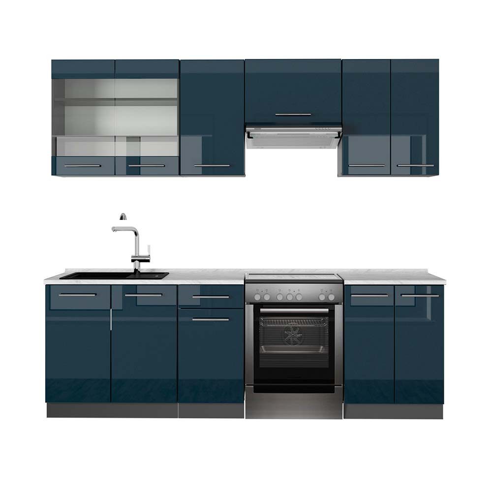 Vicco Küchenzeile Fame-Line, Dunkelblau Hochglanz/Anthrazit, 240 cm, AP Marmor