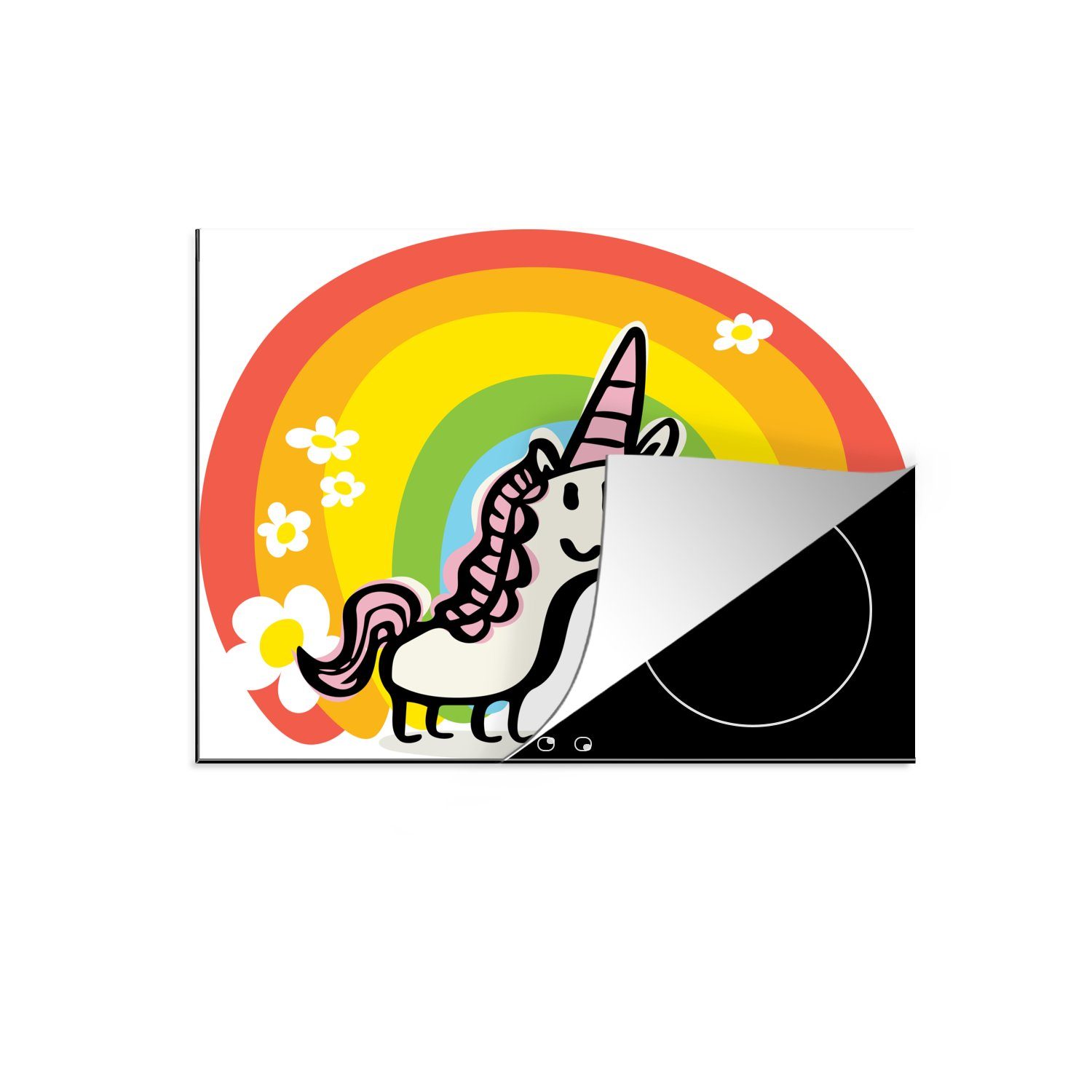 MuchoWow Herdblende-/Abdeckplatte Eine Illustration eines Einhorns mit einem Regenbogen - Mädchen -, Vinyl, (1 tlg), 60x52 cm, Mobile Arbeitsfläche nutzbar, Ceranfeldabdeckung