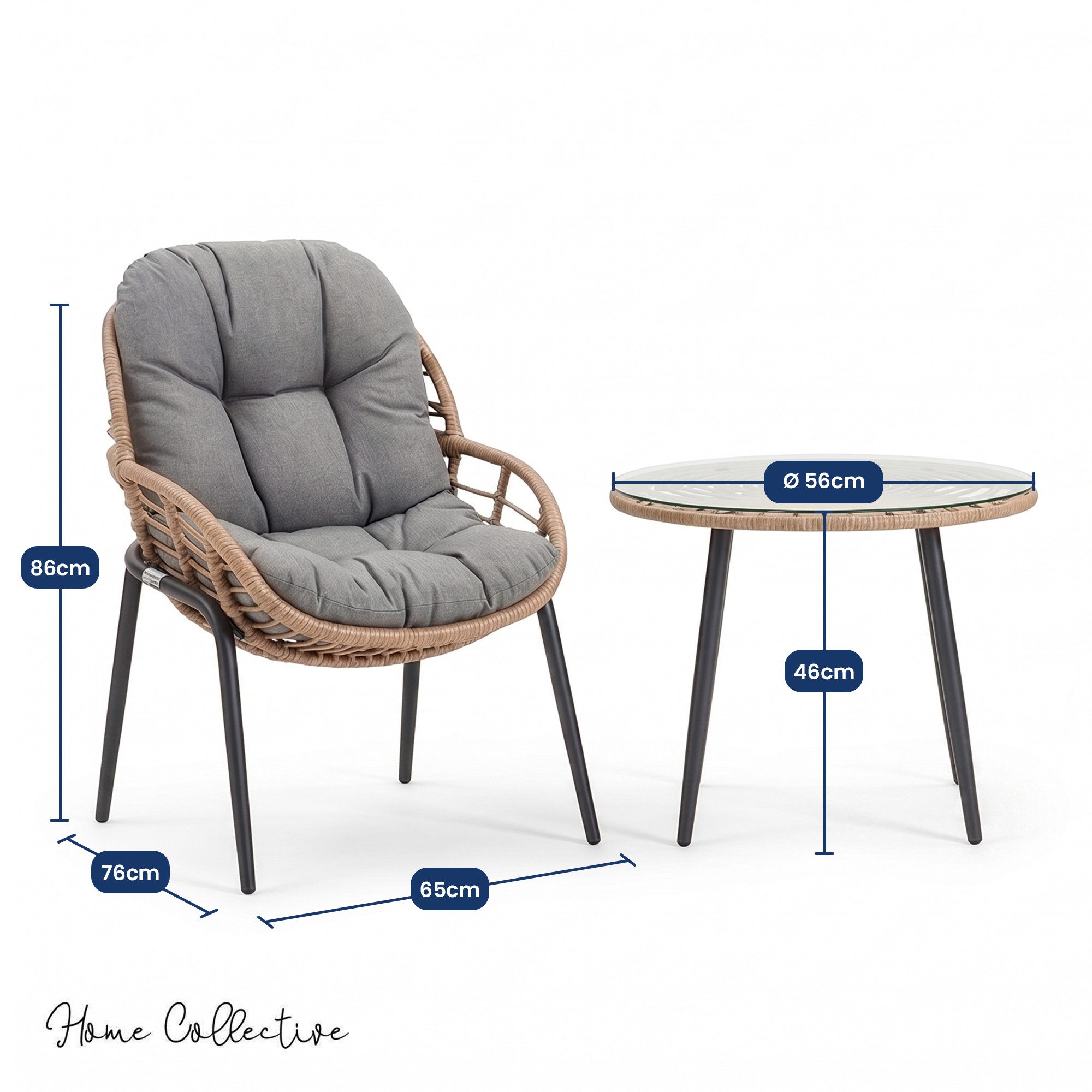 Home Collective Gartenlounge-Set Balkonmöbel Lounge Möbel Outdoor Sitzgruppe mit Beistelltisch, (3-teiliges Set mit 2 Stühlen und 1 Beistelltisch Ø 56 cm, inkl. abziehbarer Kissen)