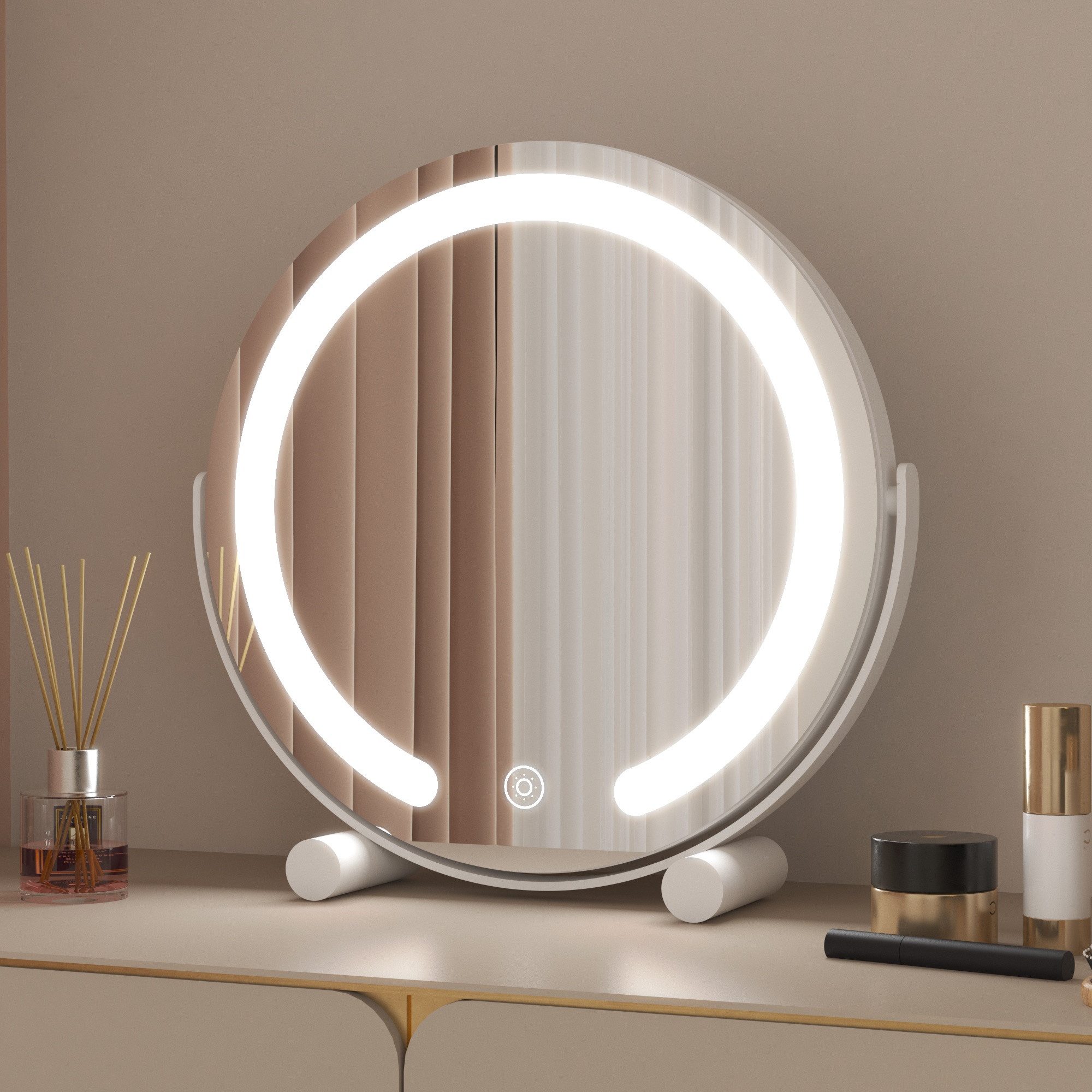 WDWRITTI Kosmetikspiegel LED Schminkspiegel 3Lichtfarben Helligkeit dimmbar Touch Tischspiegel (Make Up Spiegel, 360° Drehbar), Umweltschutz Spiegel, energiesparender