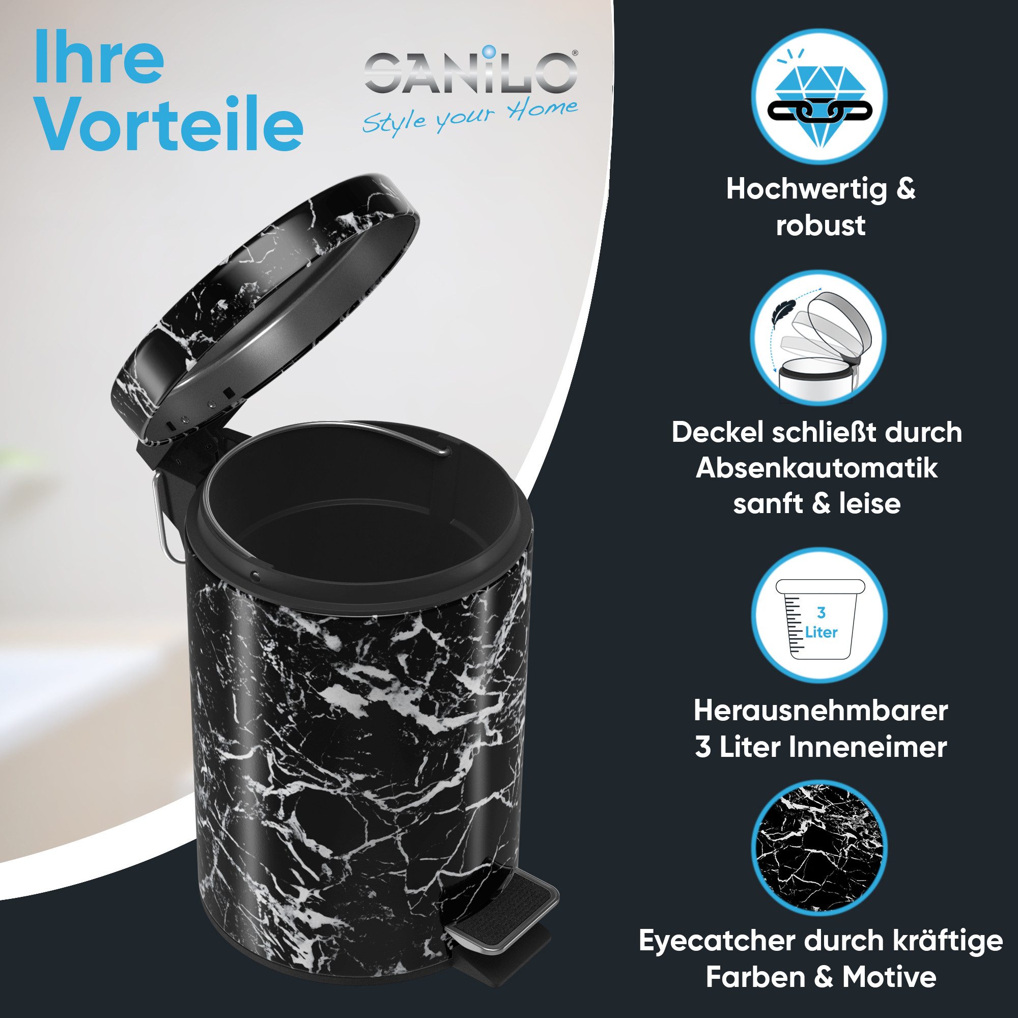 Sanilo Kosmetikeimer Marmor Schwarz, 3 Liter, Bad Mülleimer mit Absenkautomatik & Innenbehälter