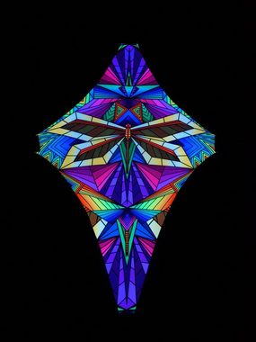 Wandteppich Schwarzlicht Segel Spandex Drache S "Neon Polygon Dragonfly" 0,55x1,1m, PSYWORK, UV-aktiv, leuchtet unter Schwarzlicht