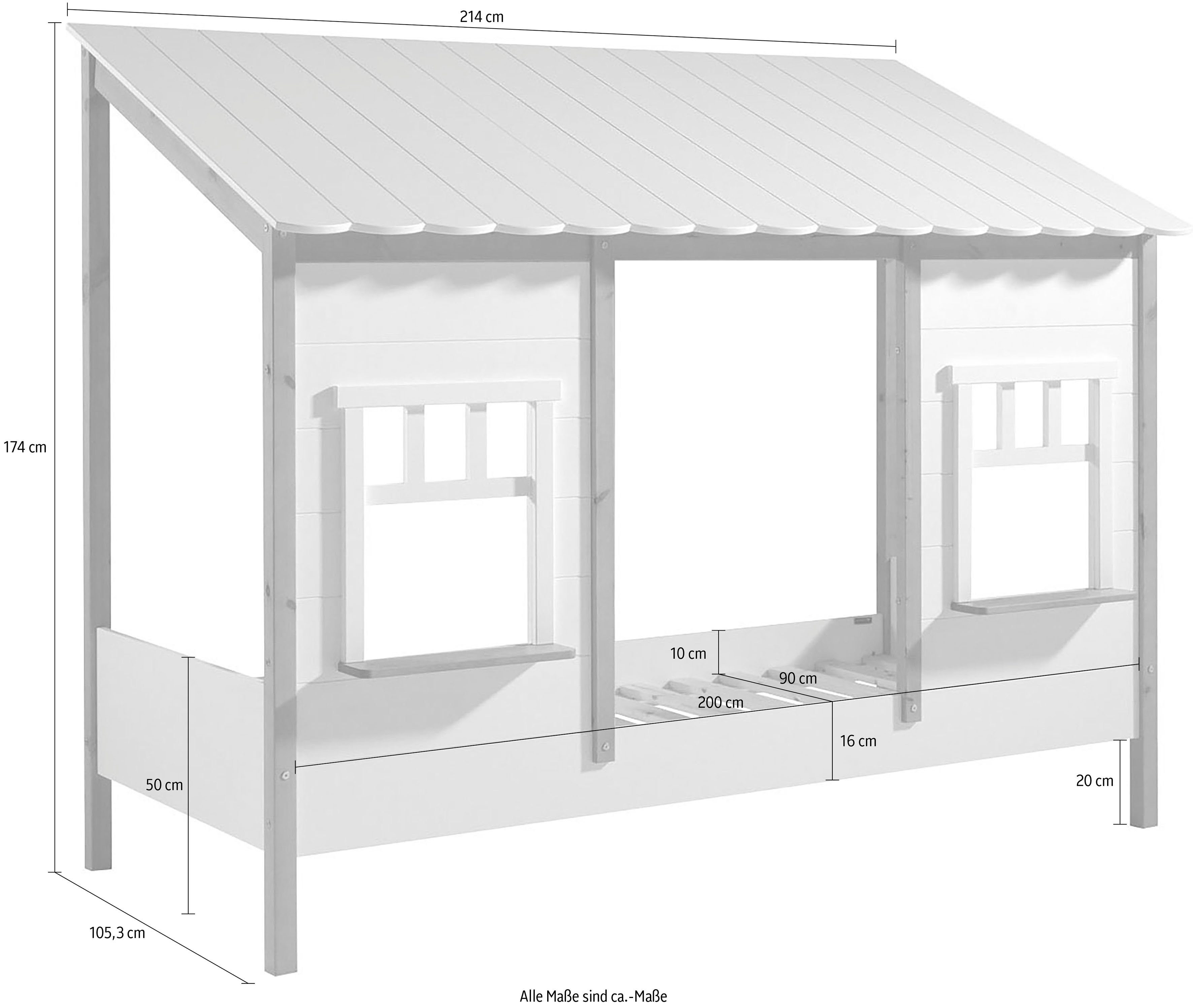 Vipack Kinderbett Hausbett, aus MDF und Massivholz weiß lackiert mit farblichen Absatz (B/H/T ca. 214,5x174x107,5cm, vorne 2 Fenster, mit Liebe zum Detail), inkl. Rolllattenrost, wahlweise mit oder ohne Bettschublade auf Rollen