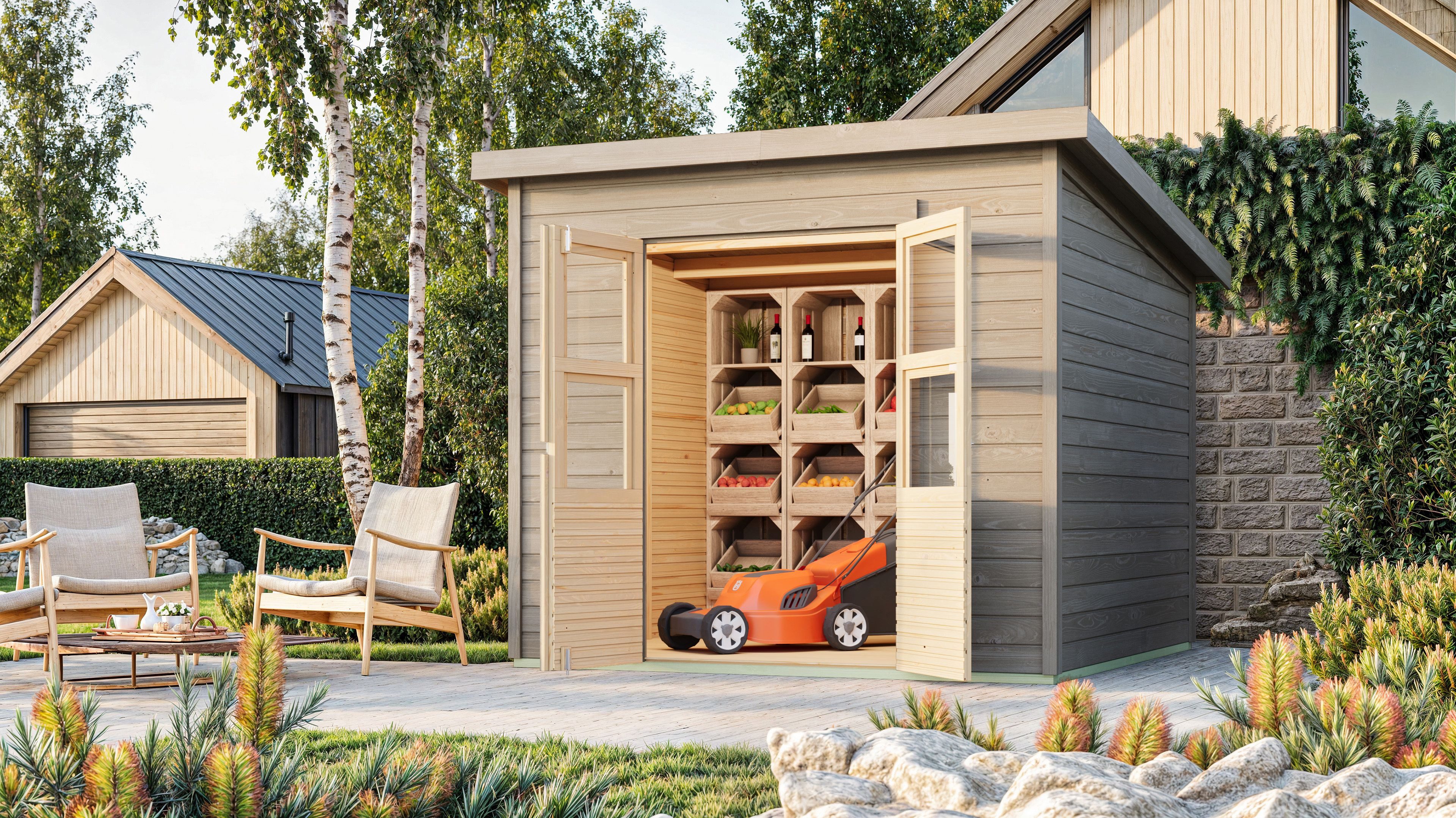 Karibu Gartenhaus "Merseburg 6" vorvergraut, BxT: 242x244 cm, aus Fichtenholz, farbig lasiert