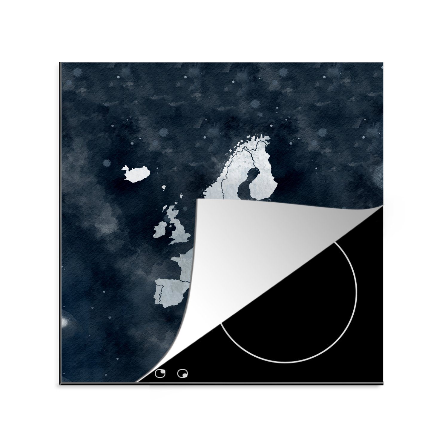 MuchoWow Herdblende-/Abdeckplatte Karte - Europa - Aquarell - Silber, Vinyl, (1 tlg), 78x78 cm, Ceranfeldabdeckung, Arbeitsplatte für küche | Herdabdeckplatten