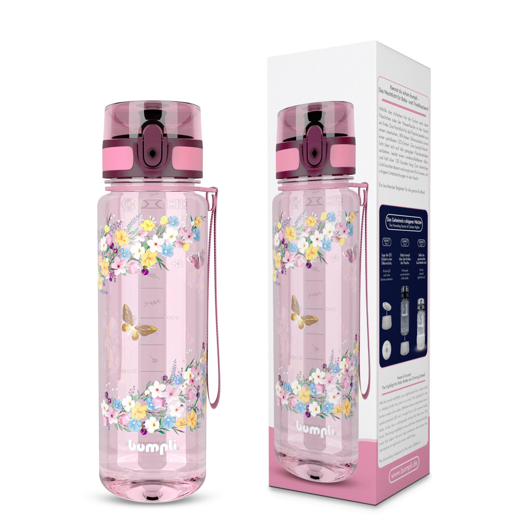 bumpli® Trinkflasche Kinder 500ml, Fruchtsieb Rosa spülmaschinenfest, Wasserflasche, auslaufsicher, Trageschlaufe, Sportflasche, BPA-frei, Trinkflasche