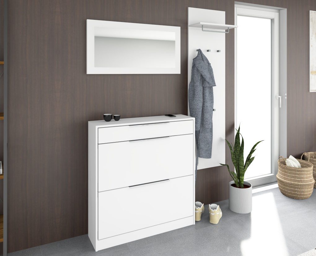 borchardt Möbel Garderoben-Set Oliva, Schuhschrank, Spiegel, Garderobenpaneel, (3-St), 3-teilig, Schuhkipper mit Doppelschuhtrommeln und Metallgriffen