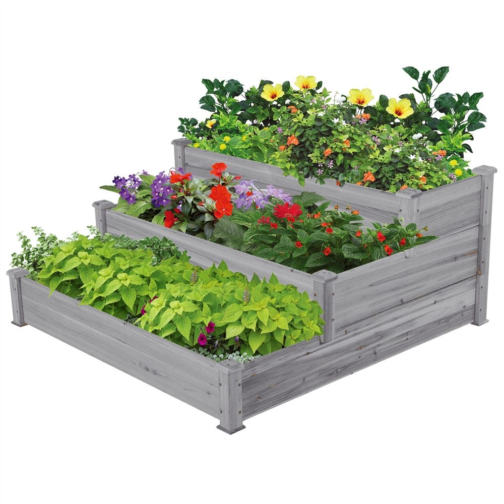 Yaheetech Hochbeet aus Tannenholz 3-Stufiges Gartenbeet für Hof/Garten/Gewächshaus, Pflanzgefäß Stufenbeet Blumenbeet 120 x 120 x 56 cm stapelbar