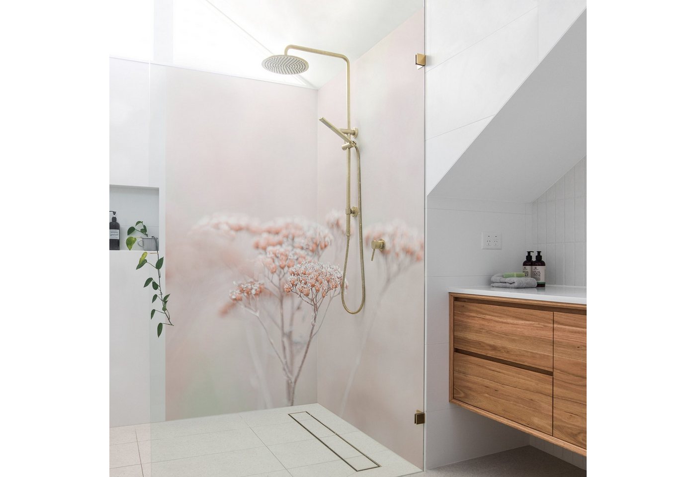 Thumbnail - Bilderdepot24 Duschrückwand Landhaus rosa Duschrückwand ohne Bohren Dusche Floral, (2-tlg., 0,61 mm starke Folie selbstk...