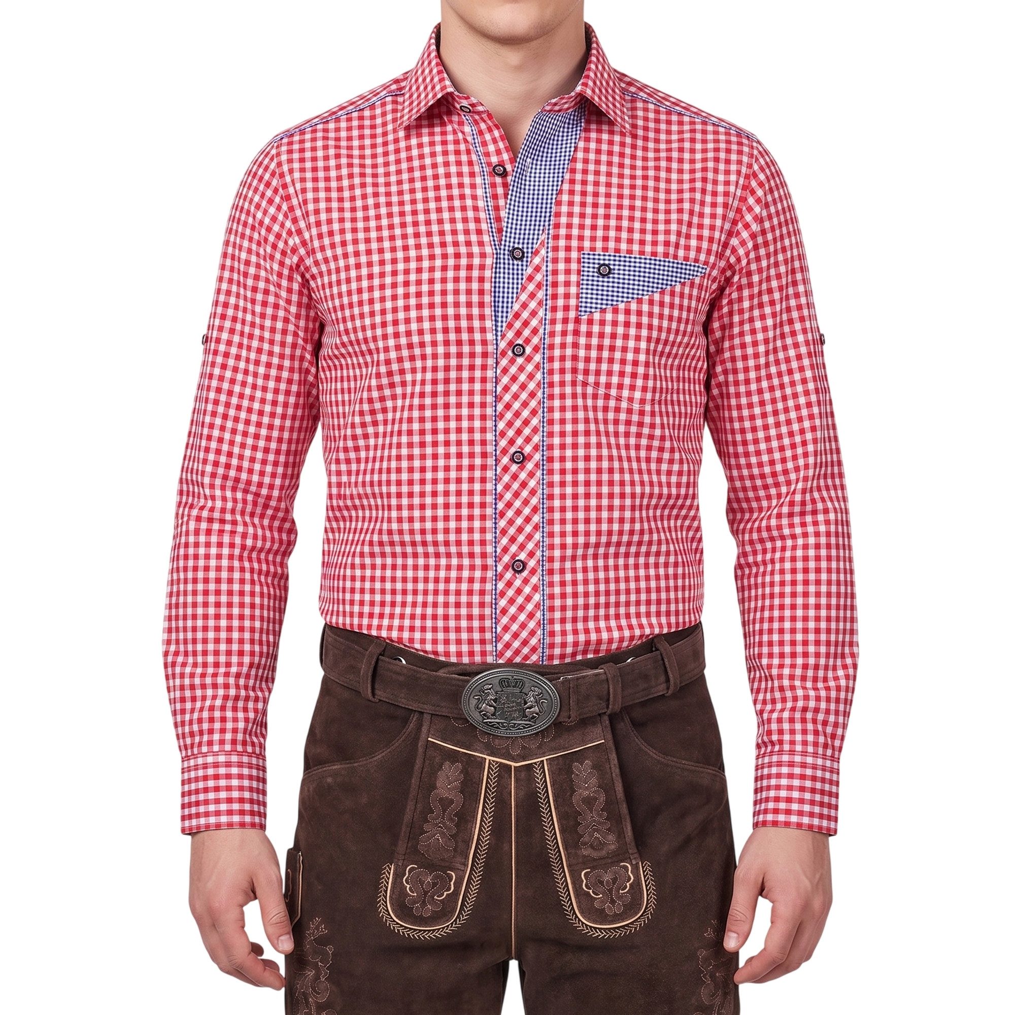 German Wear Trachtenhemd GW1241 Red Bayerisches Karo Trachtenhemd für Trachtenlederhose