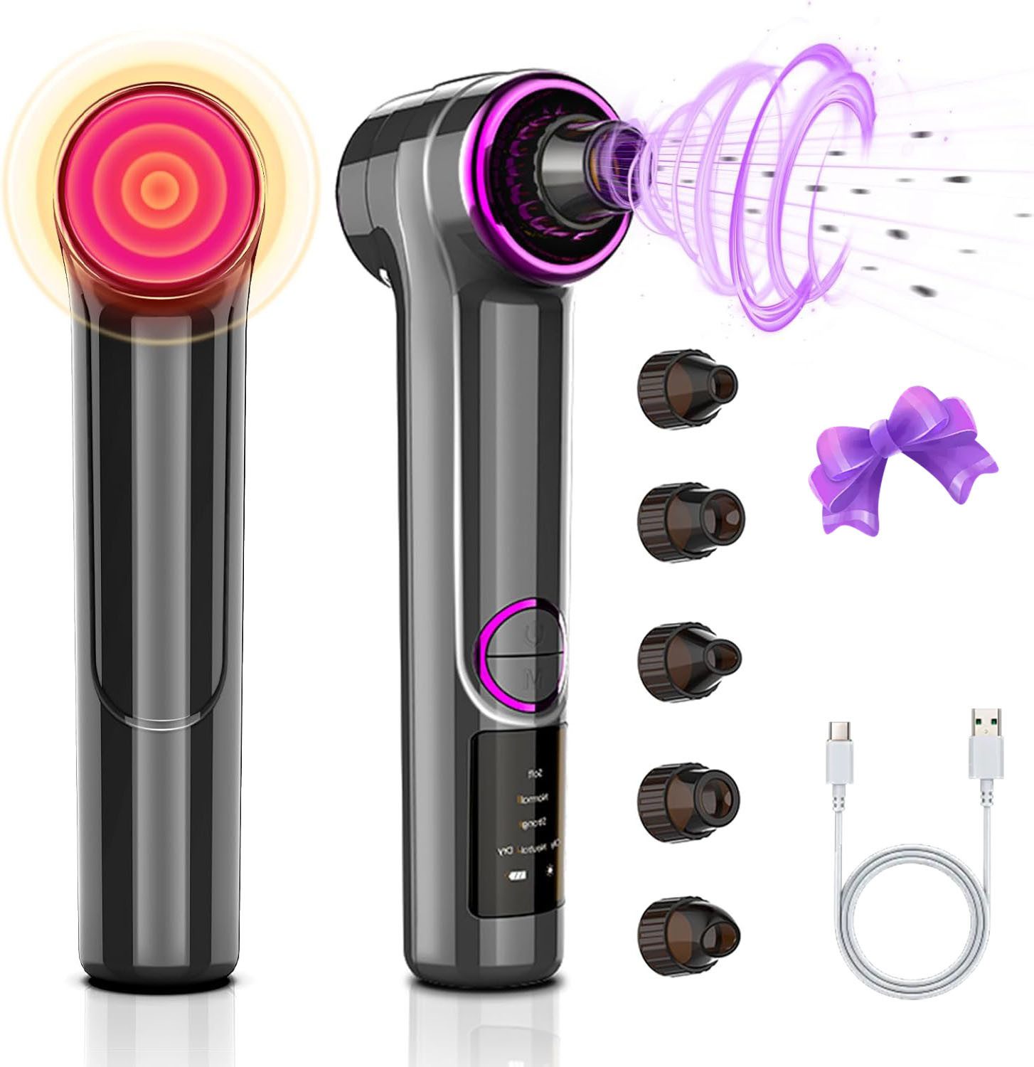 MOPUEA Porenreiniger Mitesser-Entferner, 2-in-1-Porenstaubsauger, Staubsauger, Elektrischer Mitesserentferner, Porenreiniger mit Heizmodus, 1-tlg., mit 3 Saugstufen und 5 Köpfe Blackhead Remover Pickelentferner