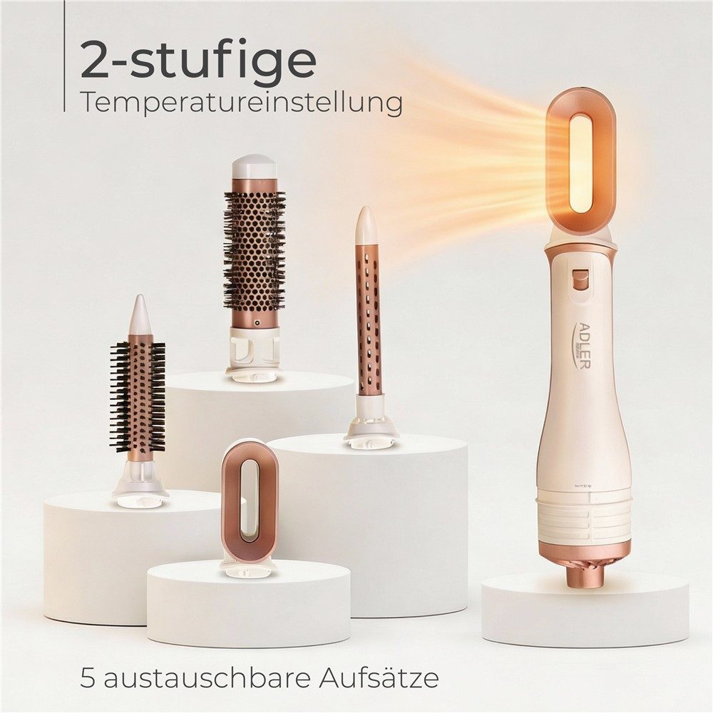 ADLER EUROPE Multihaarstyler AD 2027 Haarstyling Set 5 in 1, Warmluftbürste, Keramikbeschichtung, Rundbürsten, Lockenstab, Haartrockner-Aufsatz, Perlweiß/Roségold