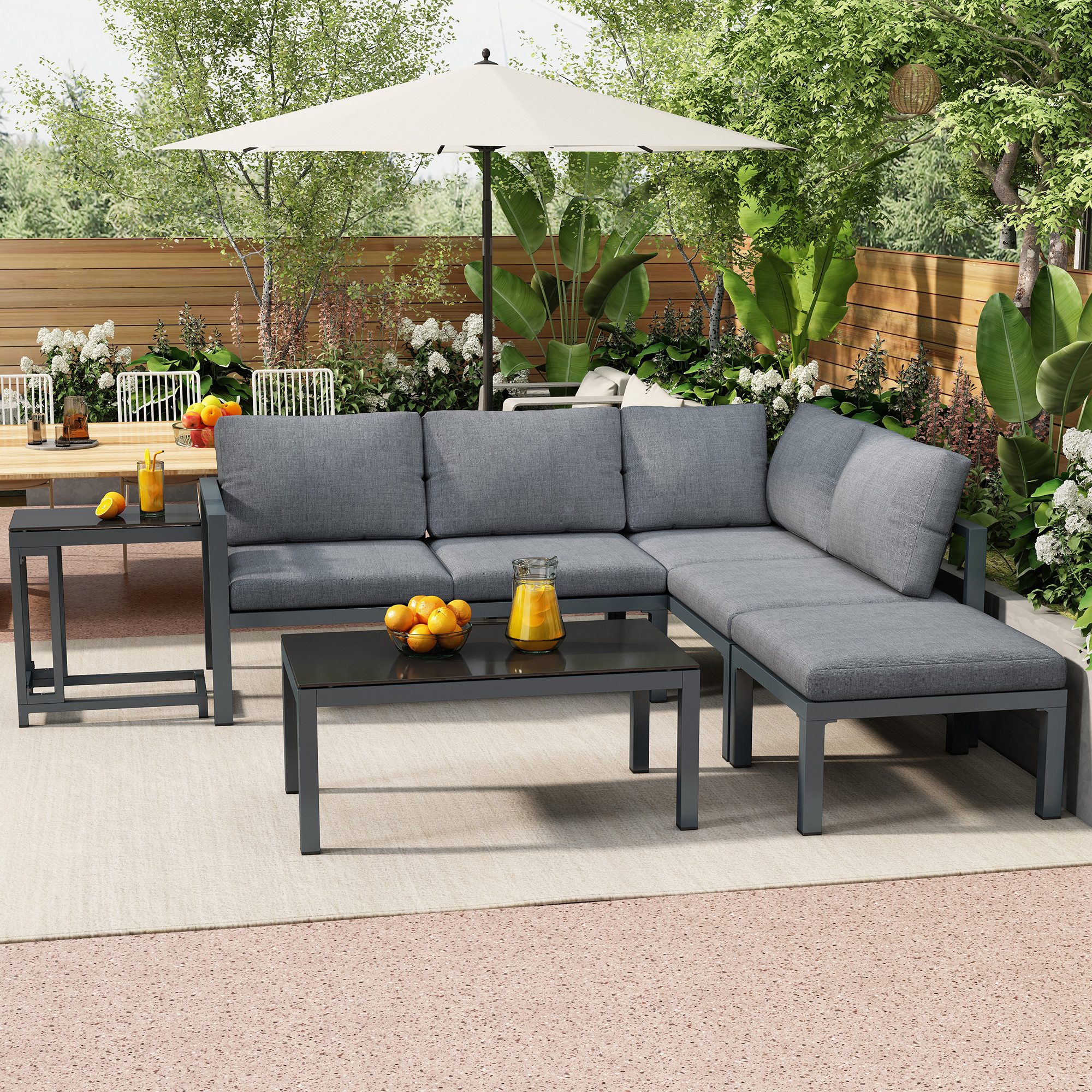 Merax Gartenlounge-Set für 5 Personen mit Kissen, (5-tlg., 2 Eckbänke, 1 Hocker, 1 Couchtisch, 1 Beistelltisch), Gartenmöbel Set mit Aluminiumrahmen, Loungeset, Balkonset