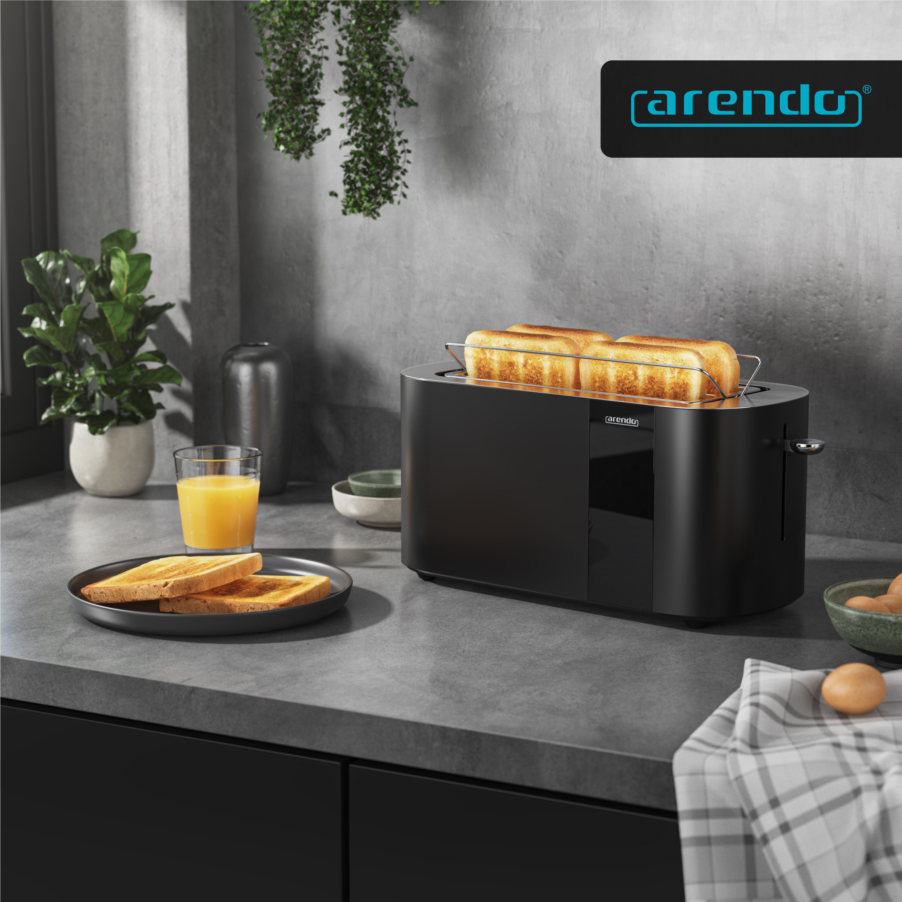 Arendo Toaster Edelstahl, Langschlitz, Touch Display, Restzeit & Bräunungsgradanzeige, 2 lange Schlitze, für 4 Scheiben, 1500 W, Brötchenaufsatz, Wärmeisoliert, Toast-Symbole für Bräunungsgradauswahl