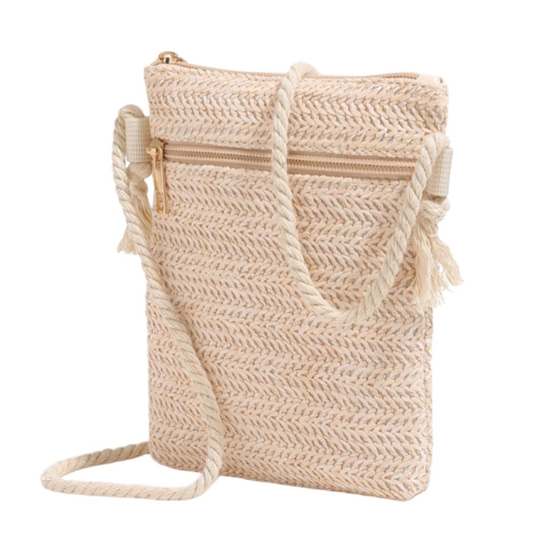 Bwecuy Umhängetasche Strohtasche Damen Boho Stroh Handytasche Vintage Strandtasche (mit Reißverschluss), Strand Stroh Handtasche Crossbody Tasche für Damenreisen und Urlaub