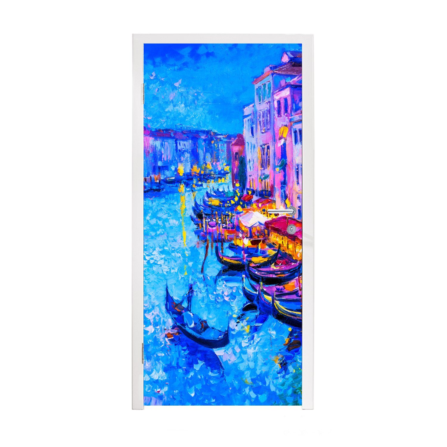 MuchoWow Türtapete Malerei - Italien - Boot - Wasser - Architektur, Matt, bedruckt, (1 St), Selbstklebende Tapete, Folie für Möbel, 75x205 cm