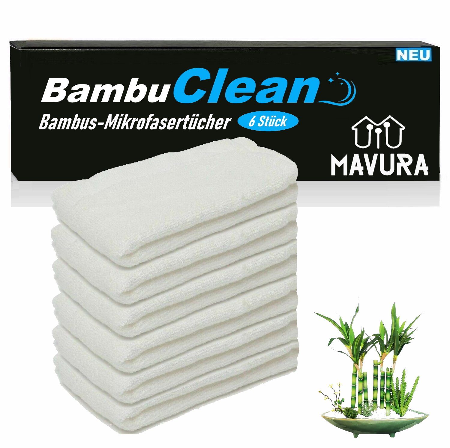 MAVURA BambuClean Bambustücher Bamboo Premium Bambus Mikrofasertücher Mikrofasertuch (95% Kristall Allzwecktücher Reinigungstücher [6x)