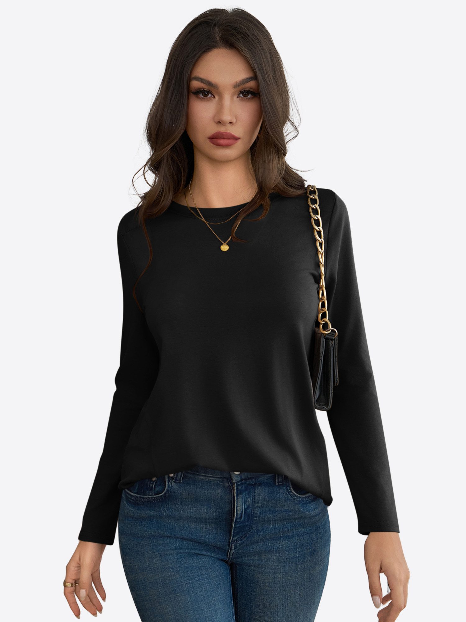 Imily Bela T-Shirt Damen Langärmliges Lässige mit Rundhal (Packung, 1-tlg., 1per-Pack) in Unifarbe