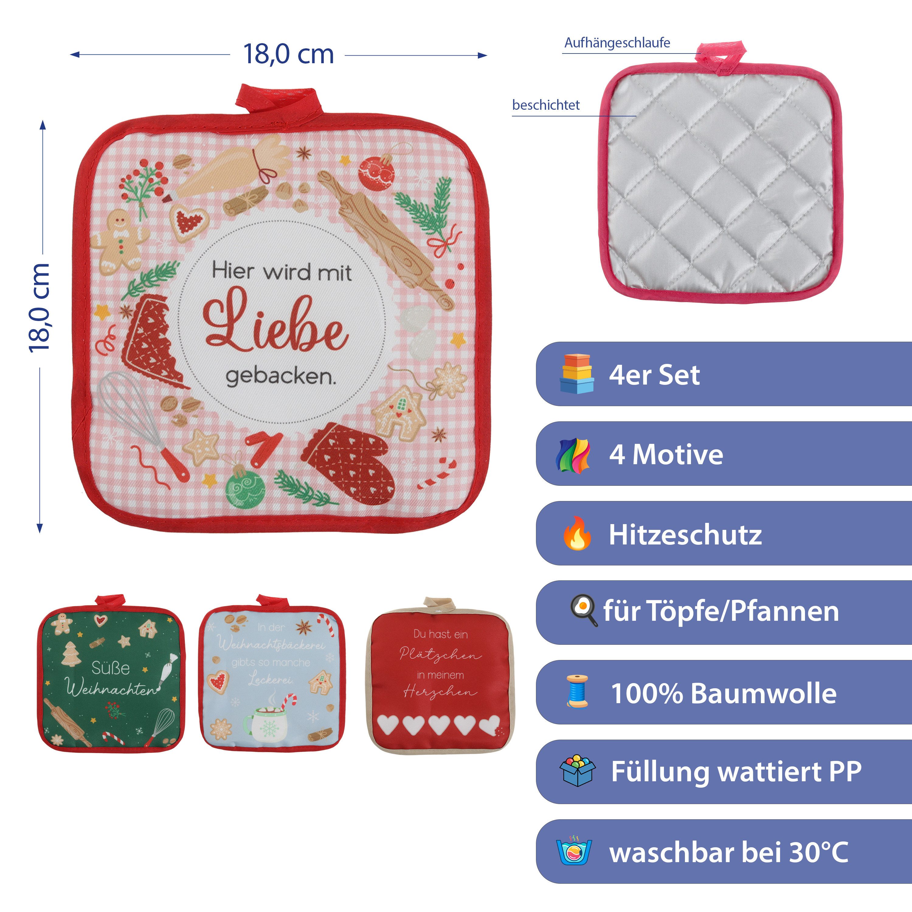 CEPEWA Topflappen Topflappen Weihnachten 4er Set 18x18x0,5cm Polyester mehrfarbig Küche – Bild 2 von 5