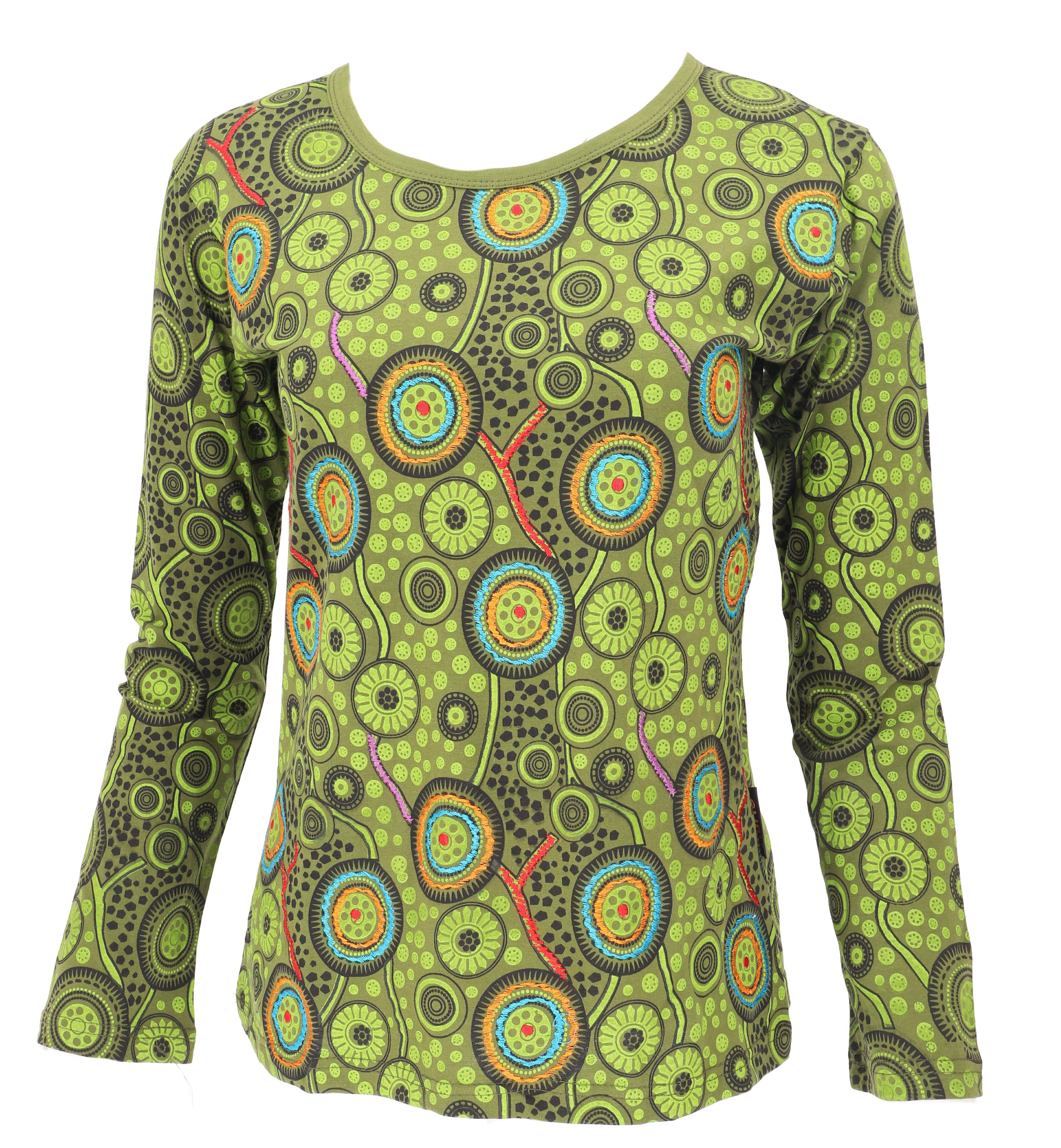 Guru-Shop Longsleeve Besticktes Langarmshirt Hippie chic Retro - grün alternative Bekleidung – Bild 4 von 5