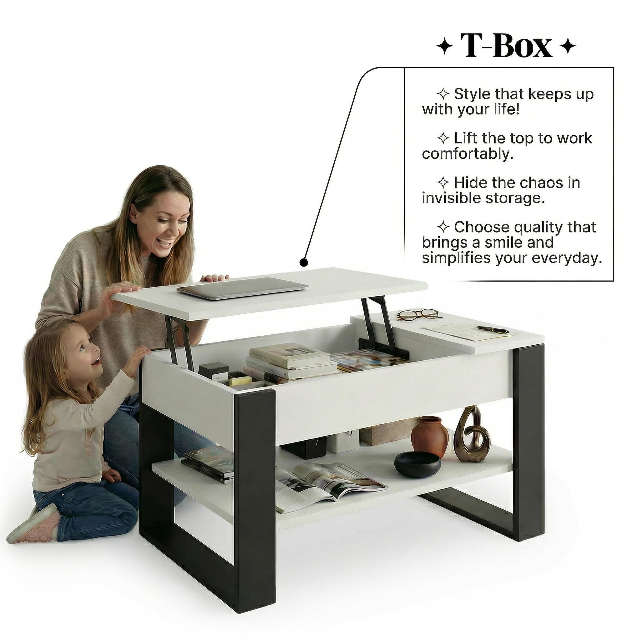 TREND WERK Couchtisch Lift-Couchtisch höhenverstellbar Sofatisch 92×54 cm mit Stauraum (verstecktem Fach Wohnzimmertisch Holz modern Wohnzimmertisch)