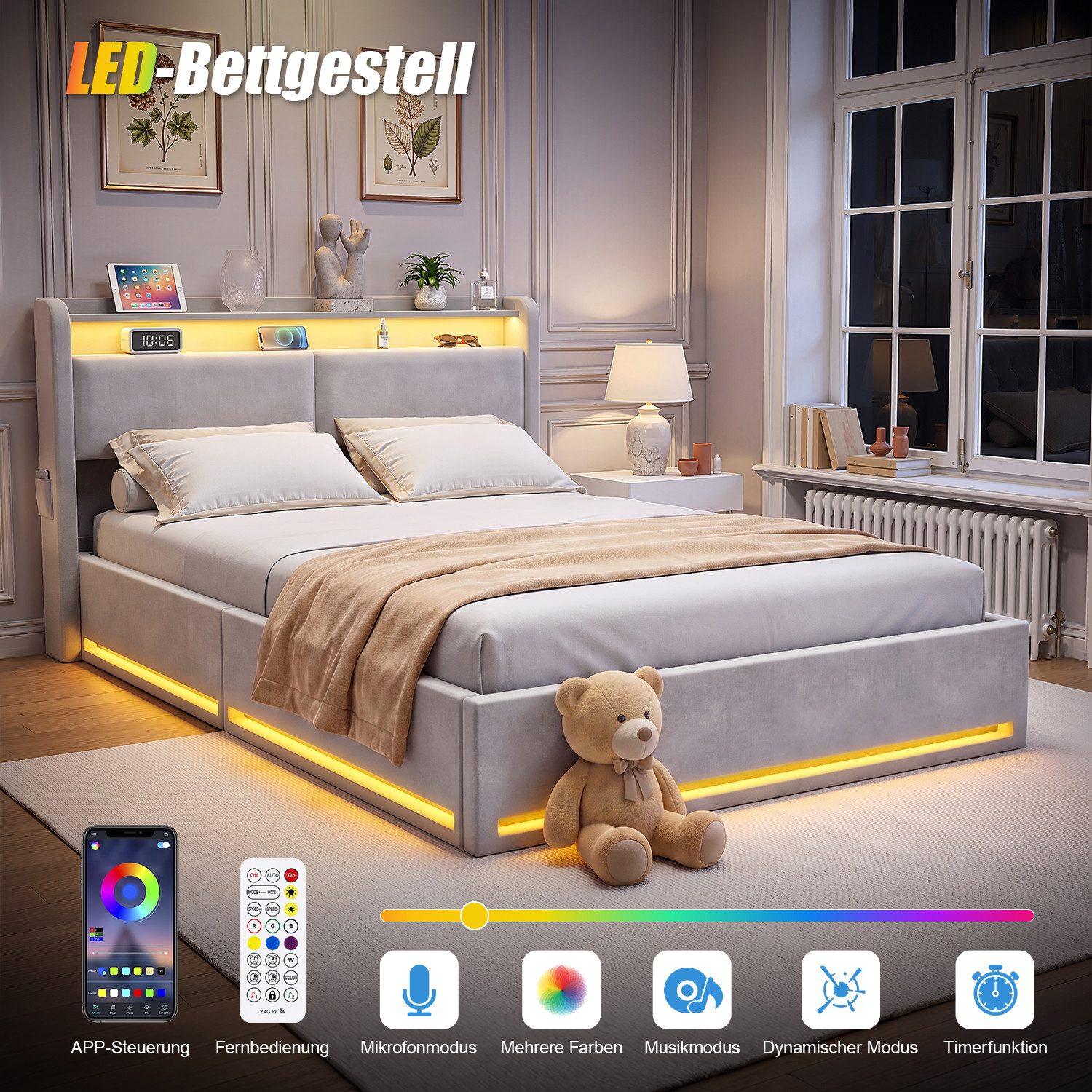 oyajia Polsterbett LED Doppelbett 140x200cm, Stauraumbett mit Kopfteil, Samt (mit Komforthöhe, Leises Design Bett), Stauraumbett mit Hydraulische Metallrahmen u – Bild 2 von 5