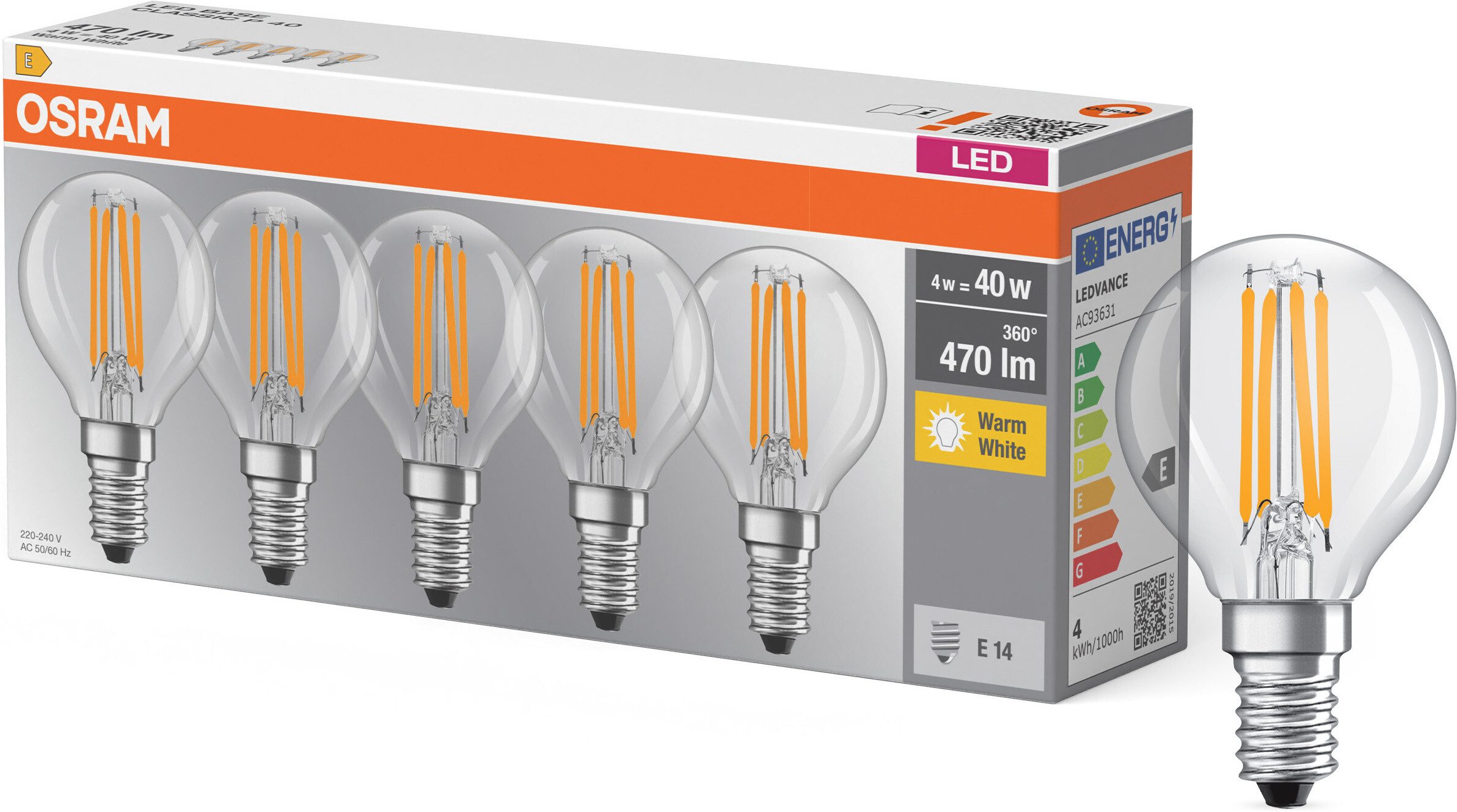 Osram LED-Leuchtmittel LED-Lampe Tropfenform, E14, 5 St., Warmweiß