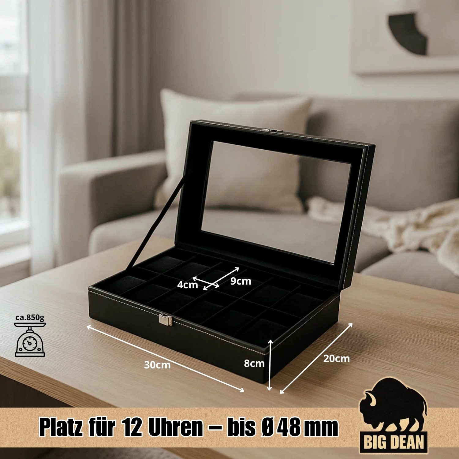 BigDean Uhrenbox für 12 Uhren Glasdeckel - schicke Uhrenbox Herren Watch Box (Packung, 1 St., Uhrenbox), Edle Optik, Kunstleder, Sammler, Samtfutter