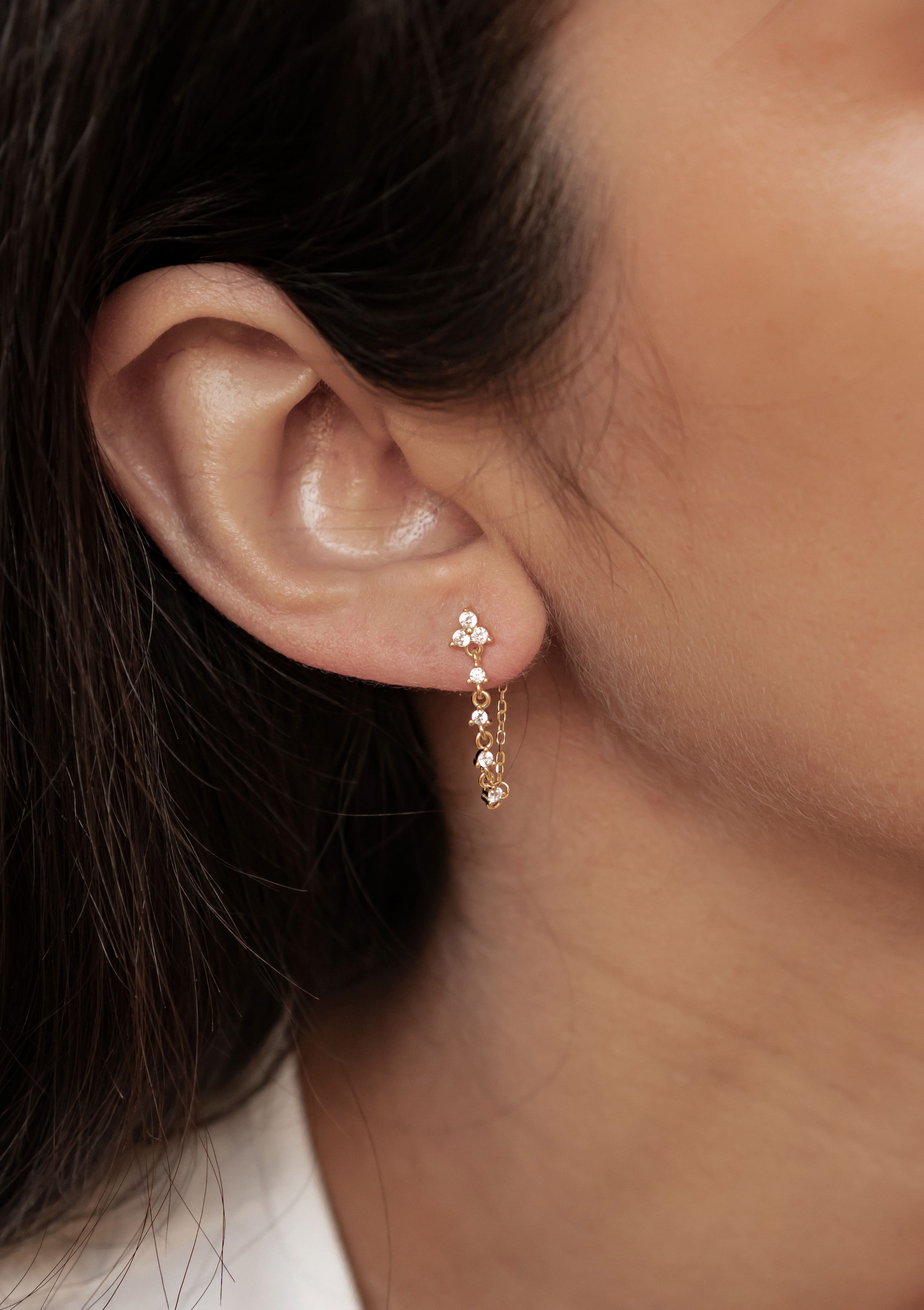 Hey Happiness Paar Ohrhänger Dreiblatt Ohrstecker mit Kette und Zirkonia, Edle 925 Silber Ohrringe Damen, Gold & Roségold
