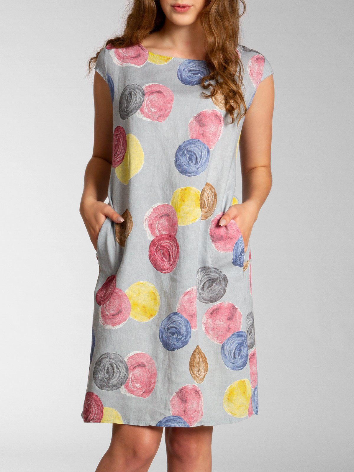 Caspar Sommerkleid SKL033 leichtes knielanges Damen Sommer Leinenkleid mit Punkte Print Luftig leicht, figurumspielende Form, mit seitlichem Jersey-Einsatz