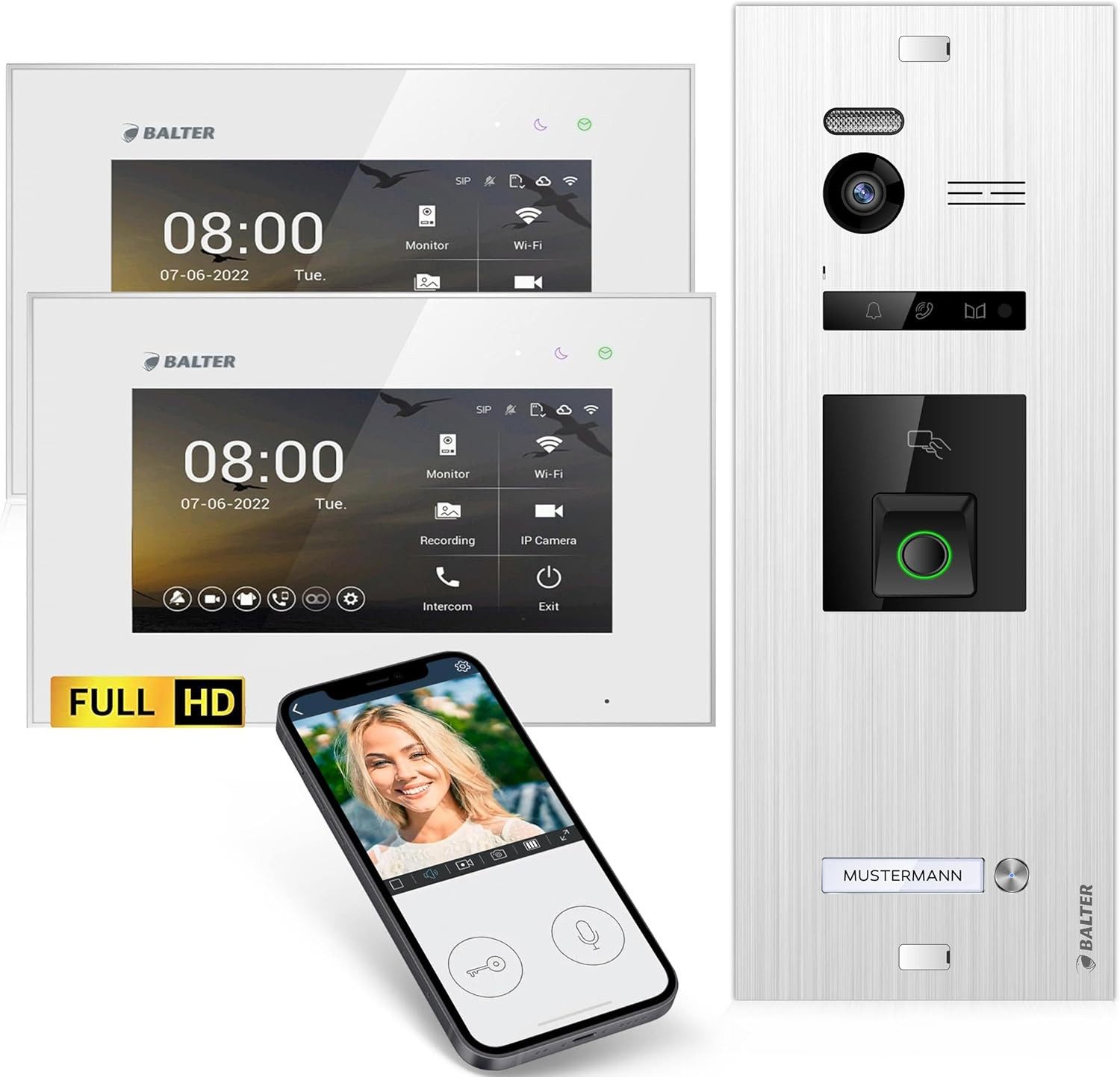 Balter Video-Türsprechanlage EVO HD Fingerprint RFID und App für 1 Familienhaus 2x Monitore (Komplettset, 2-tlg., Fingerprint, RFID, App, Full HD 175^Ultraweitwinkel Kamera)