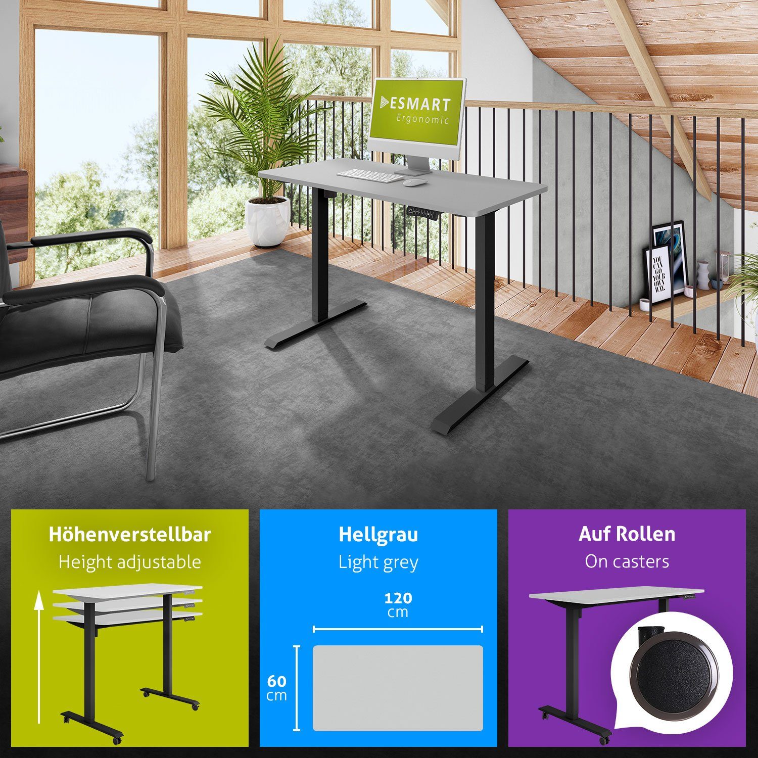 höhenverstellbarer ESMART Schreibtisch ETX-121 Elektrisch / 60 120 Rollen Schreibtisch ESMART Rahmen: Tischplatte: Hellgrau cm x Schwarz Germany, auf