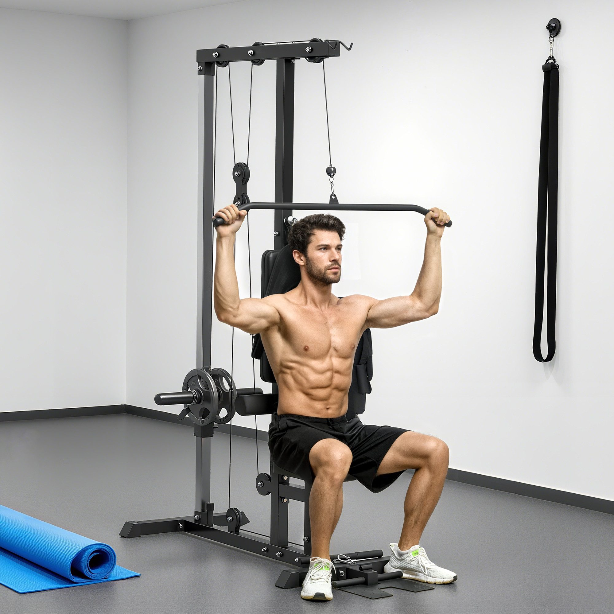 SPORTNOW Kraftstation multifunktional, mit Latzugstange Seilzugsystem, 8 Gewichtsblöcke (Klimmzugturm, 1-tlg., Kraftturm), bis 50 kg Gewichte Fitnessgeräte für Homegym Krafttraining