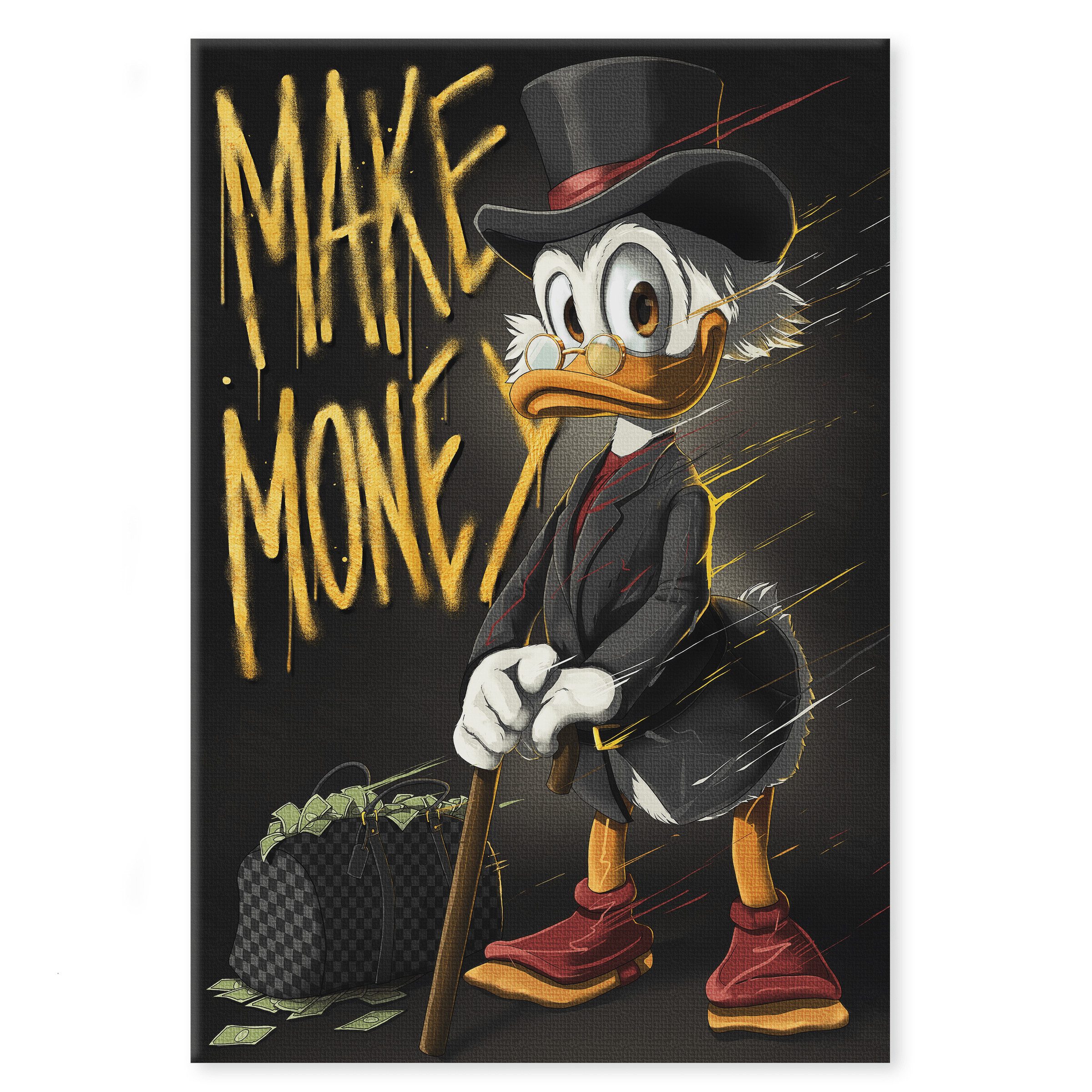 SimpleCanvas Wandbild Make Money Dagobert - Leinwandbild Pop Art / Motivation, Wandbild Dagobert Duck, Geld, Luxuriös