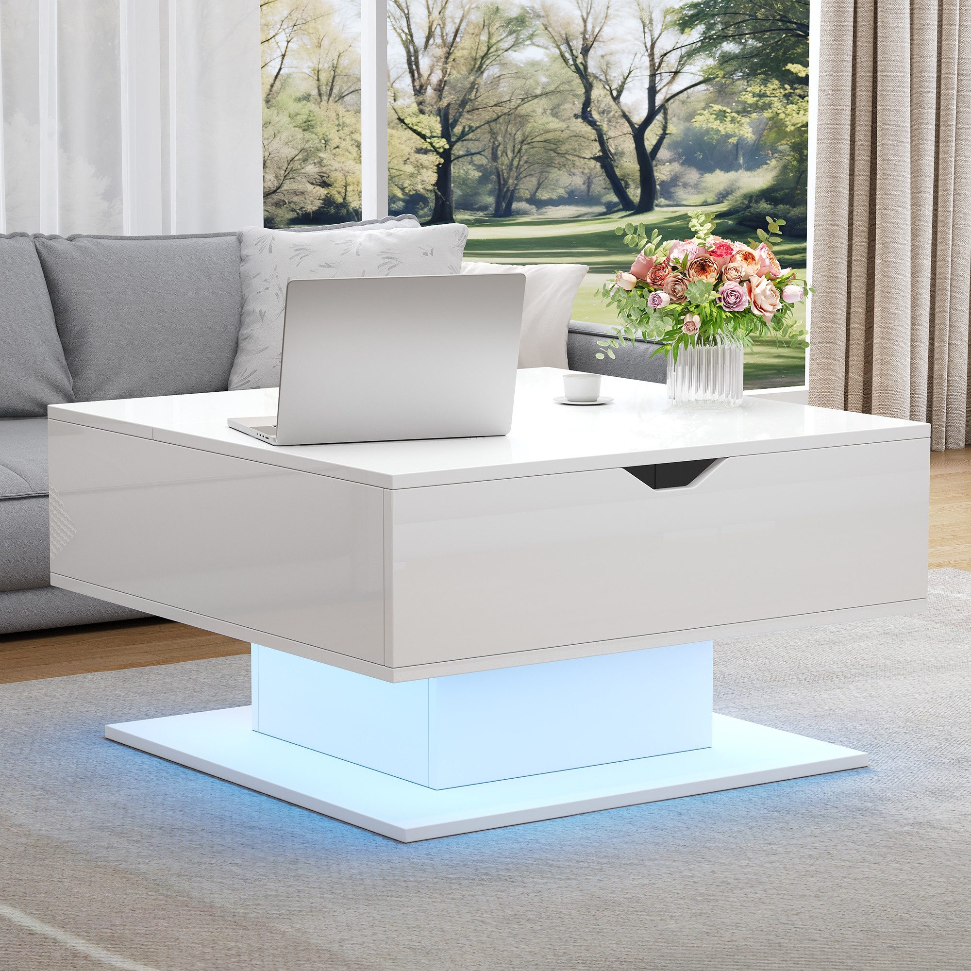 Merax Couchtisch hochglanz Sofatisch anhebbarer Beistelltisch mit LED-Beleuchtung (1-St., 80x75x40 cm), Wohnzimmertisch mit verstecktem Stauraum & halboffenem Regal
