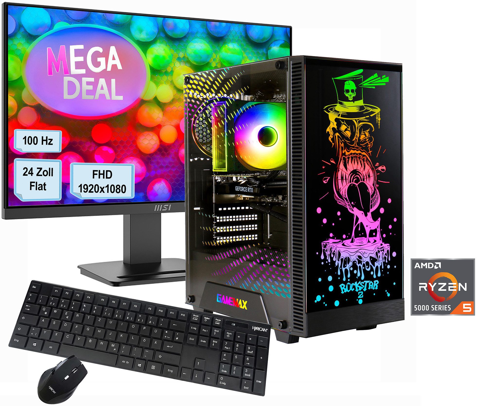 GAMEMAX MegaDeal Rockstar 2904 AMD Ryzen 5 5500 16GB 1GB SSD RTX 3060 Gaming-PC-Komplettsystem (24", AMD Ryzen 5 5500, RTX 3060, 16 GB RAM, 1000 GB SSD, Windows 11 + MSI PRO MP2412 Monitor 60cm (24)