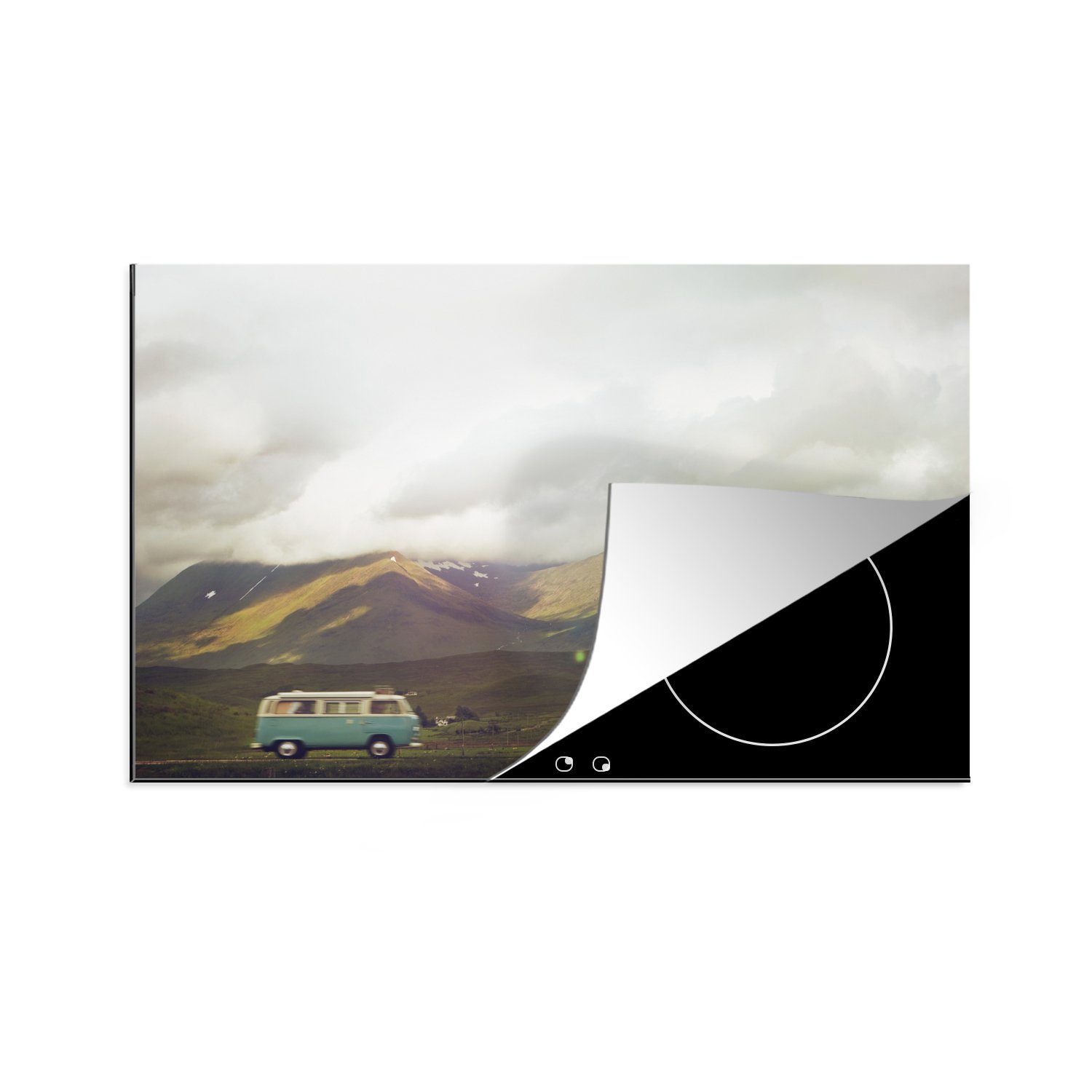 MuchoWow Herdblende-/Abdeckplatte Bus - Berge - Wolken, Vinyl, (1 tlg), 81x52 cm, Induktionskochfeld Schutz für die küche, Ceranfeldabdeckung