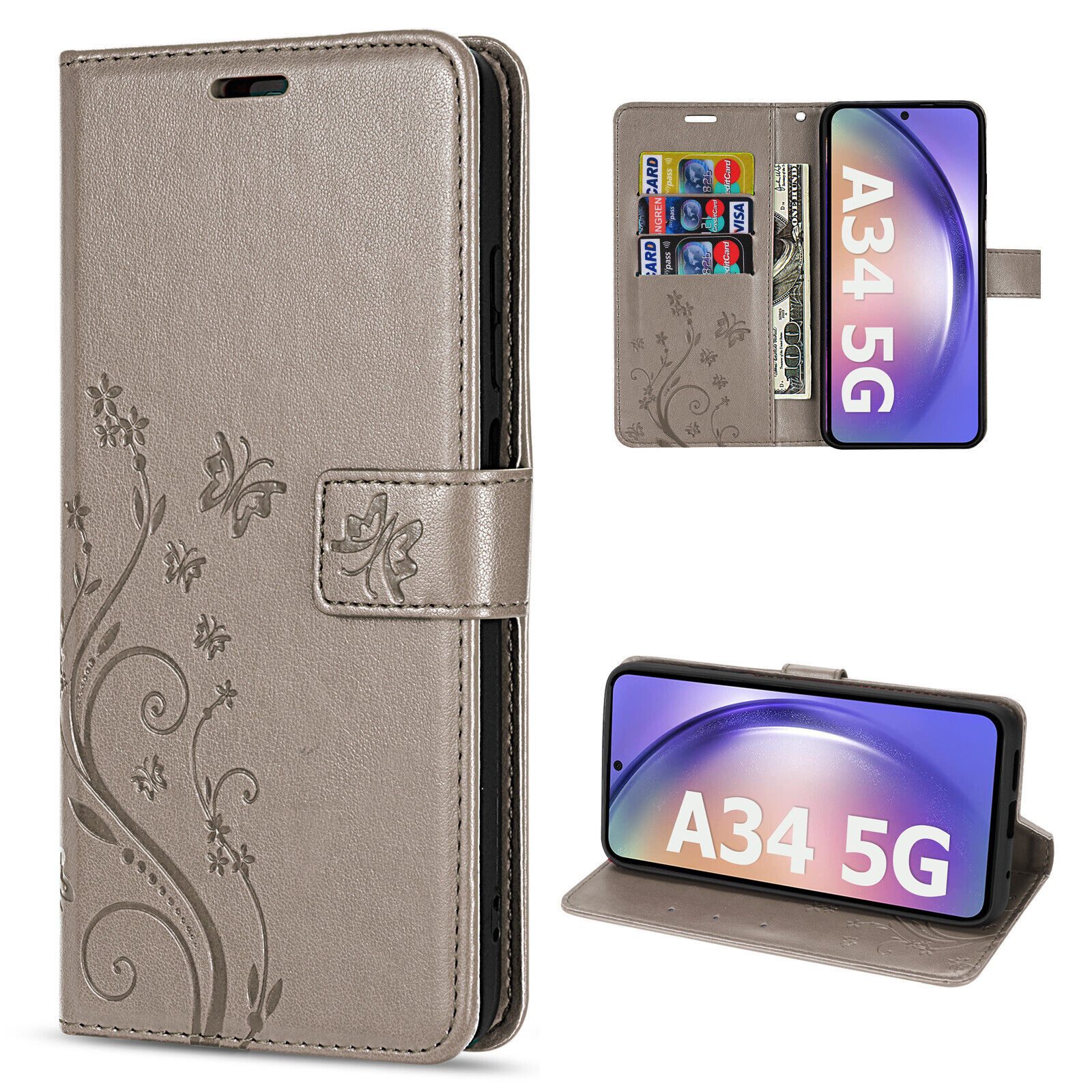 betterfon Handyhülle Handytasche für Samsung Galaxy A34 5G Klapphülle, Bookstyle-Hülle: Magnetverschluss 3 Kartenfächer & Standfunktion