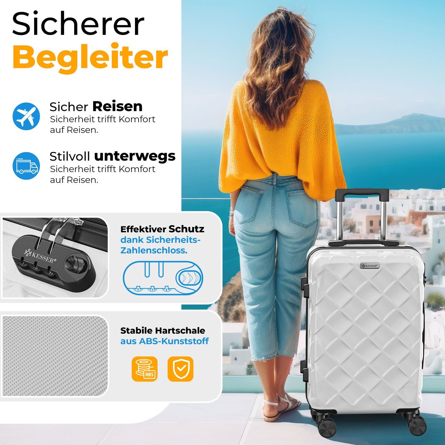 KESSER Hartschalen-Trolley Reisekoffer, 4 Rollen, ABS Hartschalenkoffer mit Zahlenschloss Kofferwaage & Reisebrieftasche