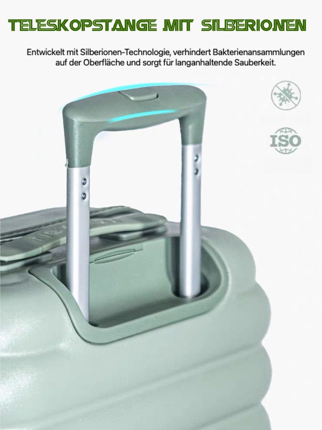 NEWCOM Hartschalen-Trolley Reisekoffer mit Nanotechnologie für antibakteriellen Schutz, 4 Rollen, Geräuschlose 360° Doppelrollen, 18 Zoll, ABS+PC, Grün