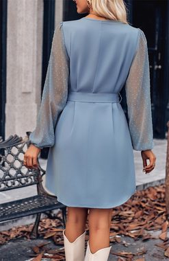 AFAZ New Trading UG Tüllkleid Modisches und lässiges einfarbiges Kleid mit V-Ausschnitt und Taille Damen kleid V-Ausschnitt A-Linien Freizeitkleider Cocktailkleid