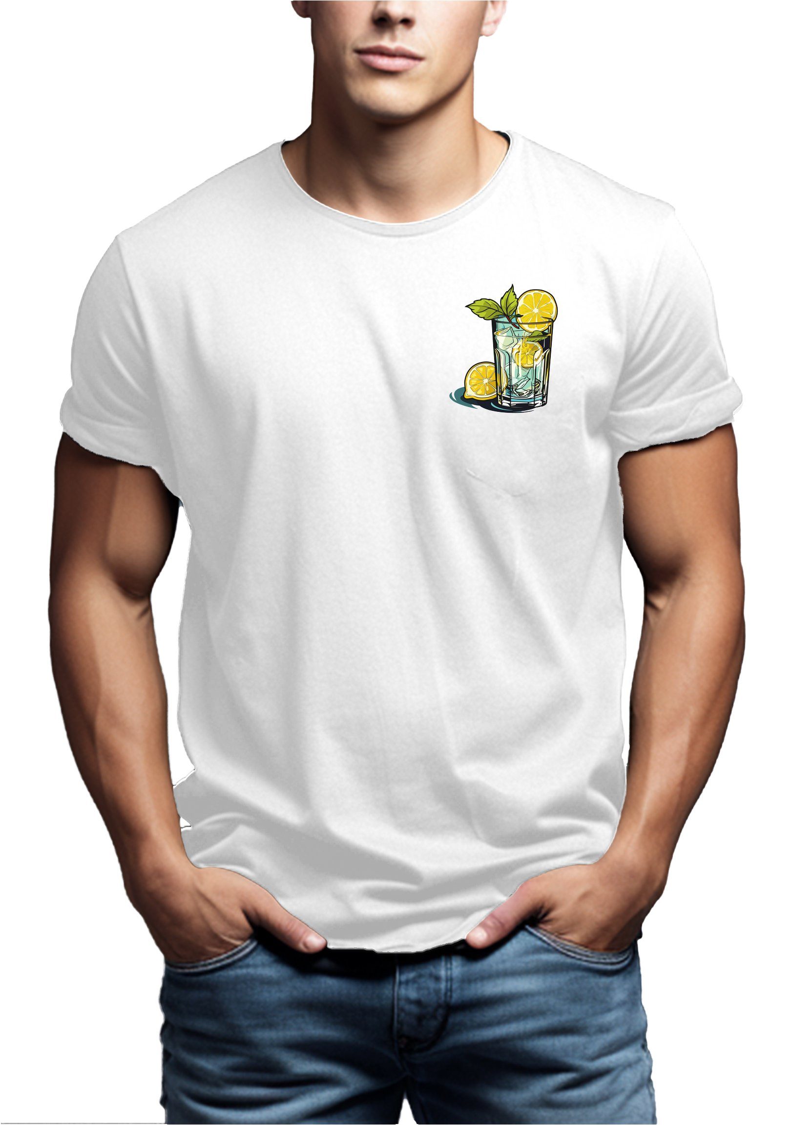 Gläser Motiv Weiß Baumwolle T-Shirt Herren Print Sommer Aufdruck MAKAYA Tonic Gin