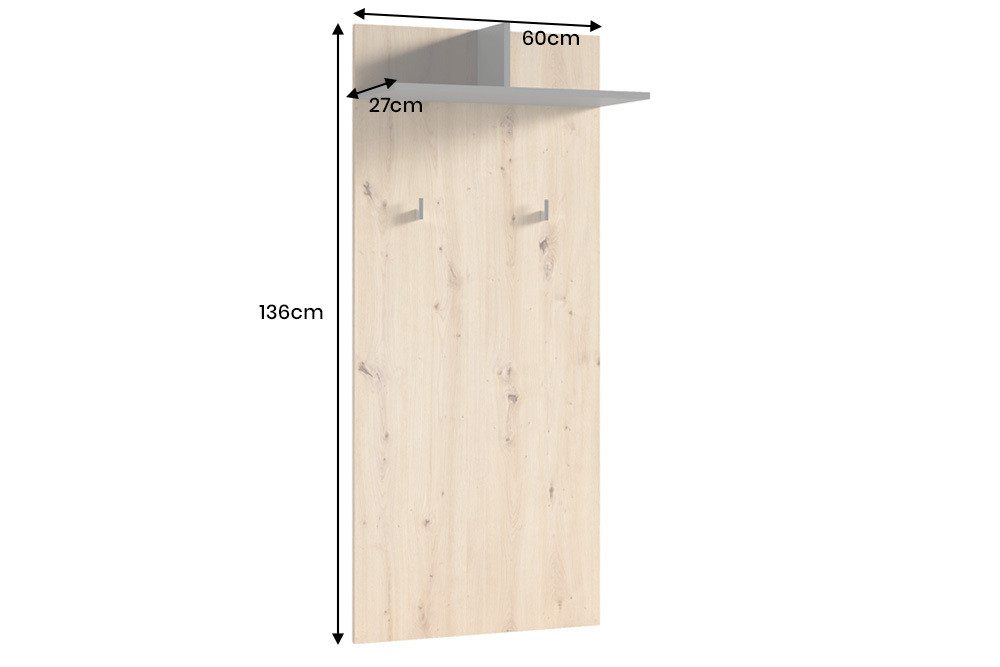 riess-ambiente Wandgarderobe BENNO 140 cm natur / anthrazit – modern, mit Beton-Optik & 2 Haken (Einzelartikel, 1 St), Design-Garderobe, pflegeleicht, mit Ablagen & Haken, Flurmöbel