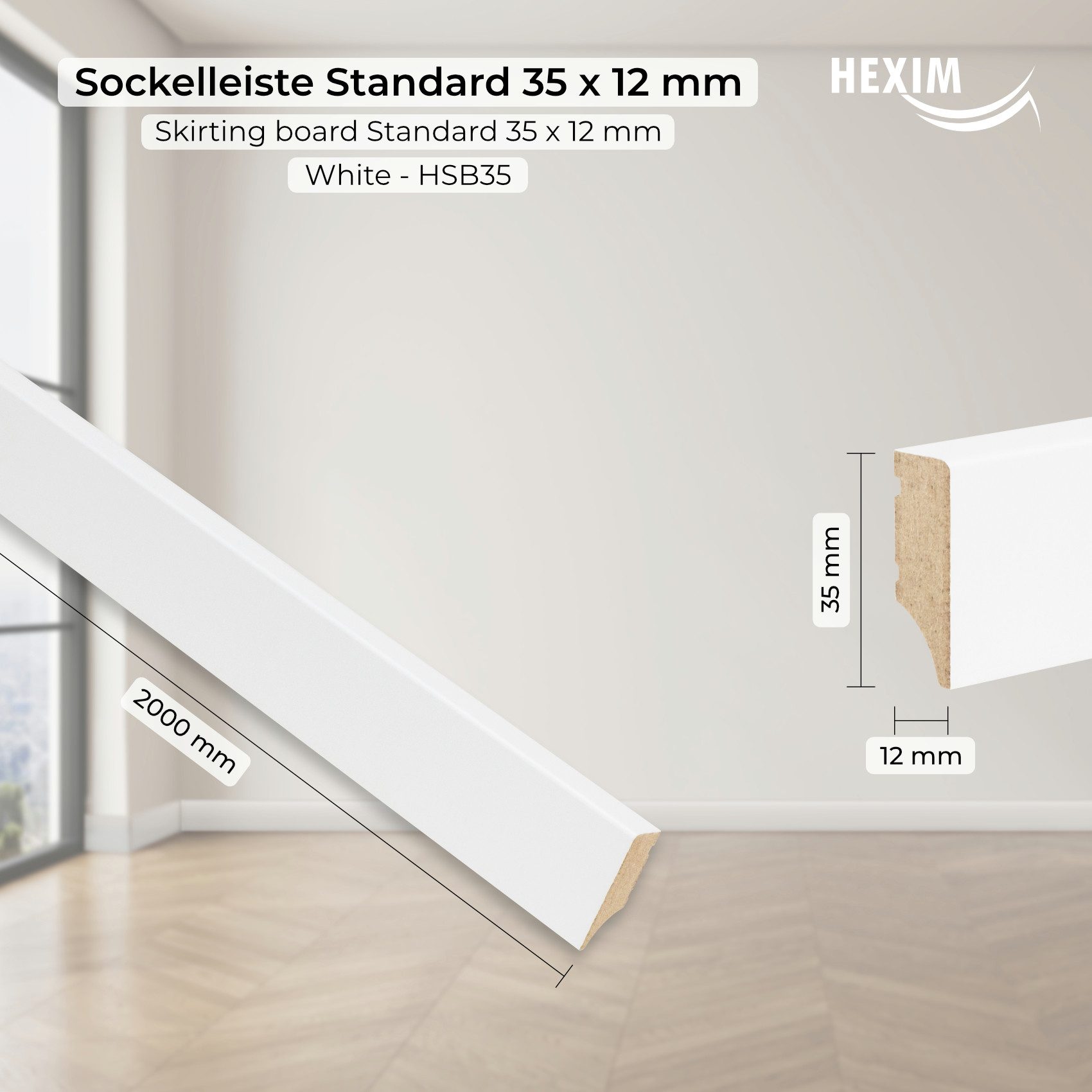 Hexim Sockelleiste, Fußbodenleiste 2000x35x12mm, 1 Stück Abschlußleiste weiß MDF foliert, Weimarer Profil Bodenleiste glatt Fußleiste, 2 Meter / 1 Leiste