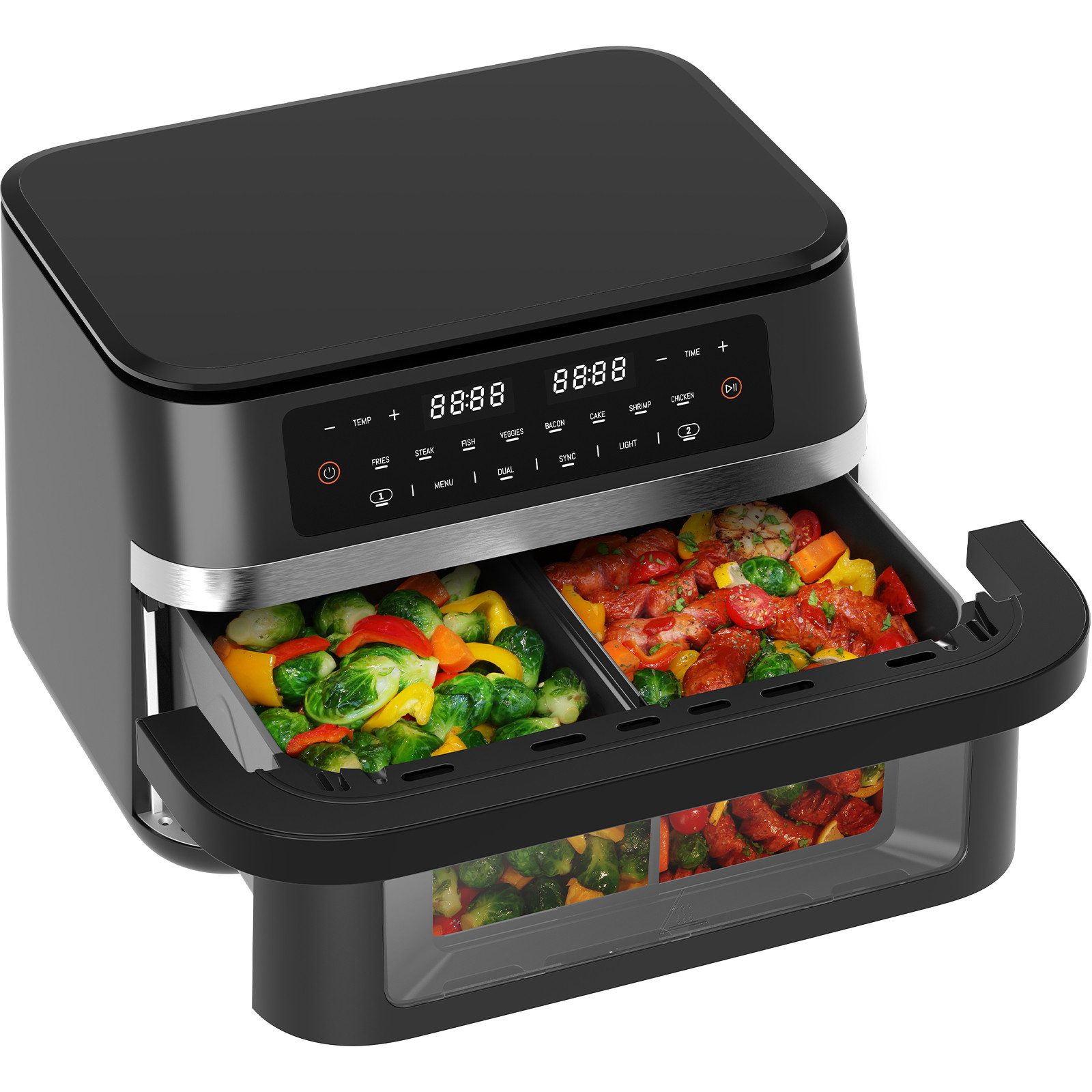 Comfy Mate Heißluftfritteuse XXL 2 karmmern, Airfryer mit Sichtfenster & Beleuchtung, Doppelkammer + abnehmbare Trennwand, Sync-Funktion, LED-Touch, 8 Programme, spülmaschinenfestes Körbchen, 2950 W, Doppelkammer mit herausnehmbarer Trennwand, Gesund & Ölfrei