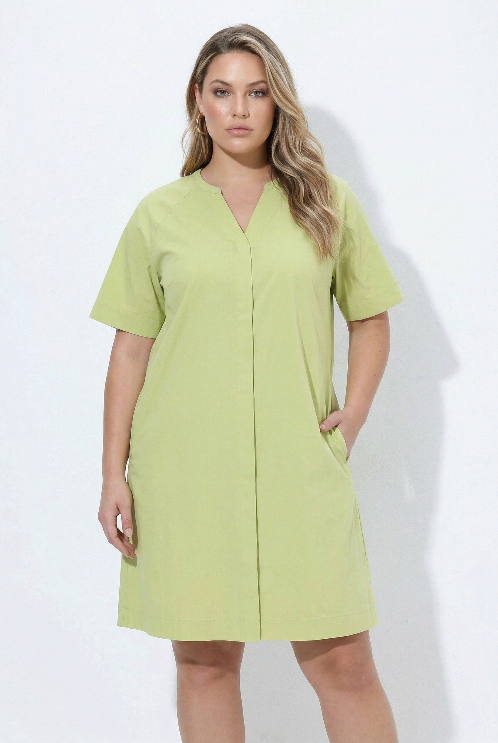 Ulla Popken Midikleid Popeline-Kleid A-Linie Tunika-Ausschnitt Halbarm